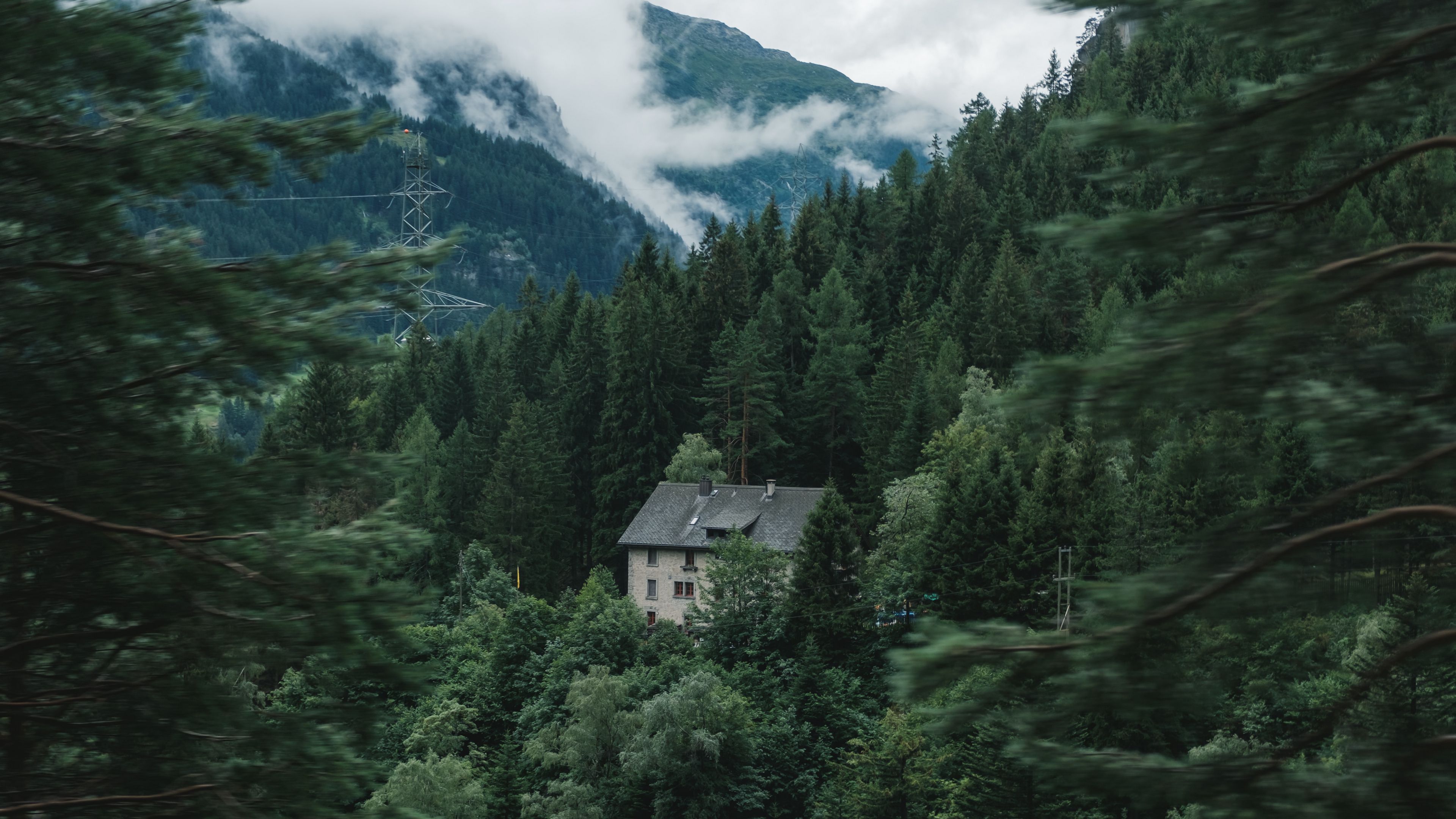 house, forest, mountains, trees, nature, 4k, HD Wallpaper