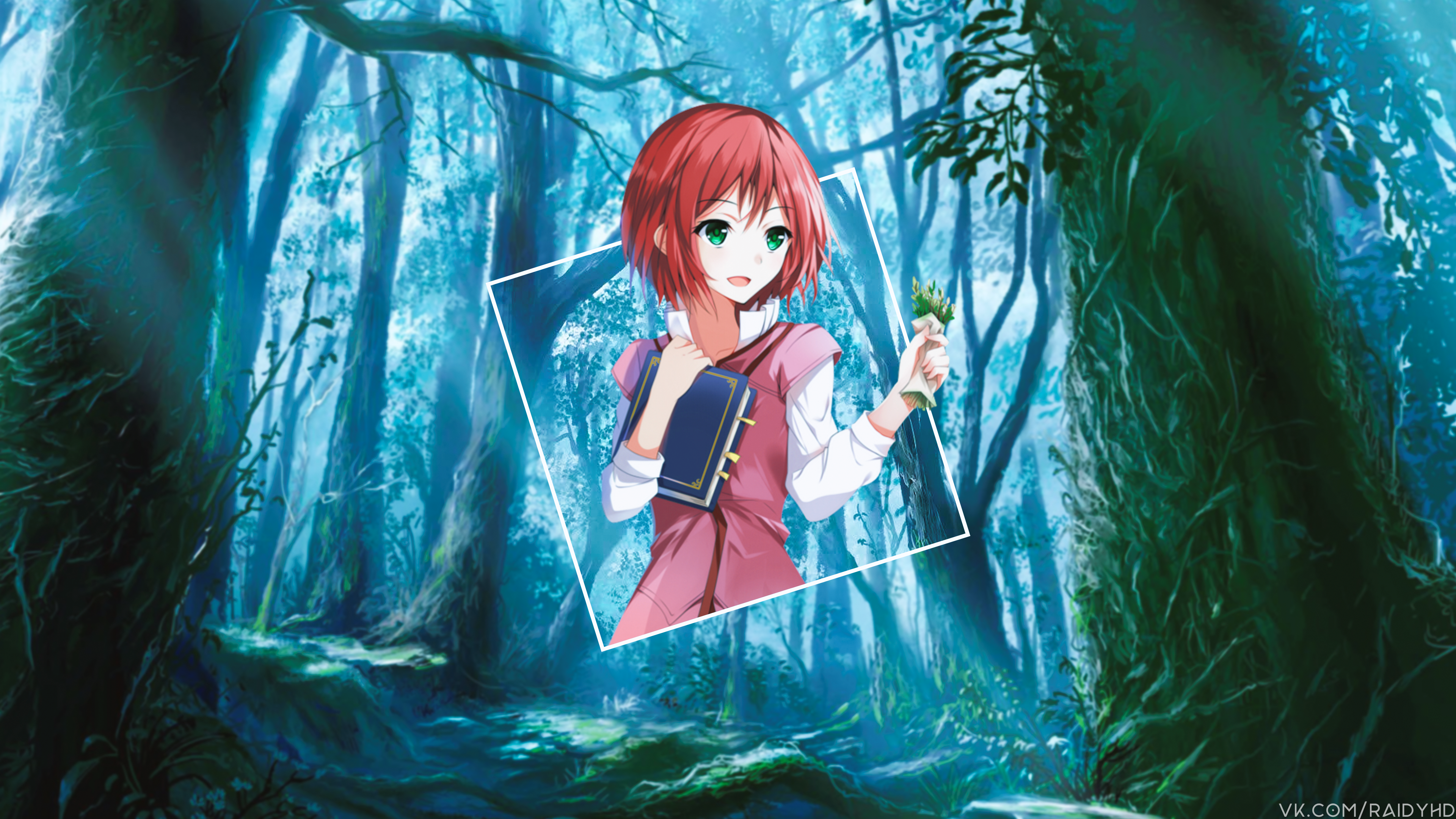 anime, anime girls, picture-in-picture, forest, green eyes, HD Wallpaper