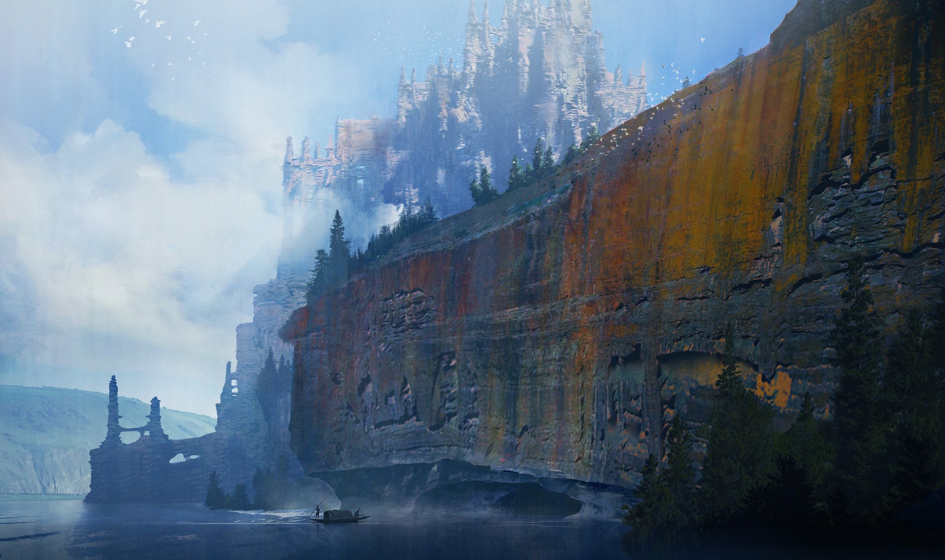 artwork, landscape, digital, fantasy art, cliff, HD Wallpaper