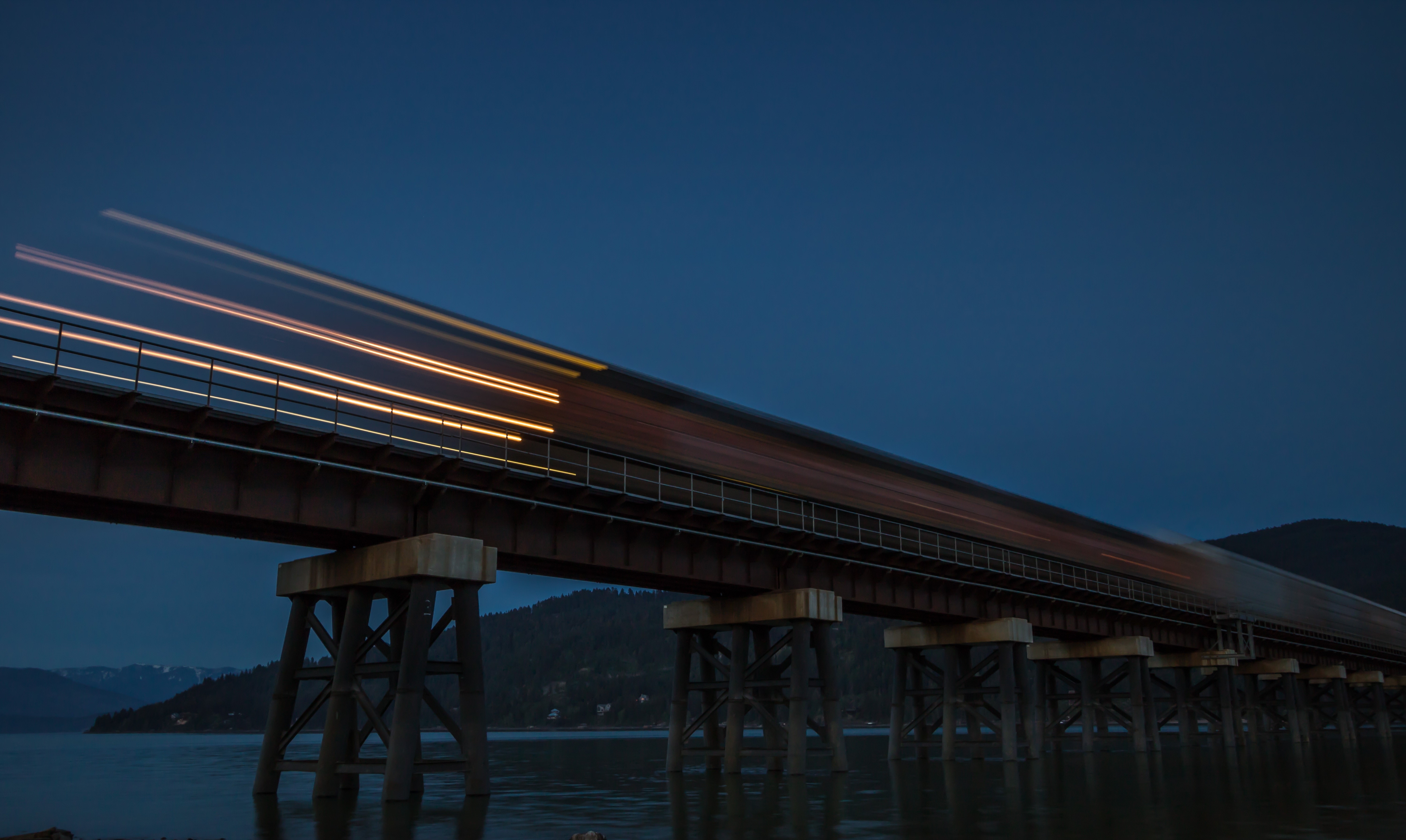 railway, train, water, clear sky, bridge, light trails, motion blur, dusk, HD Wallpaper
