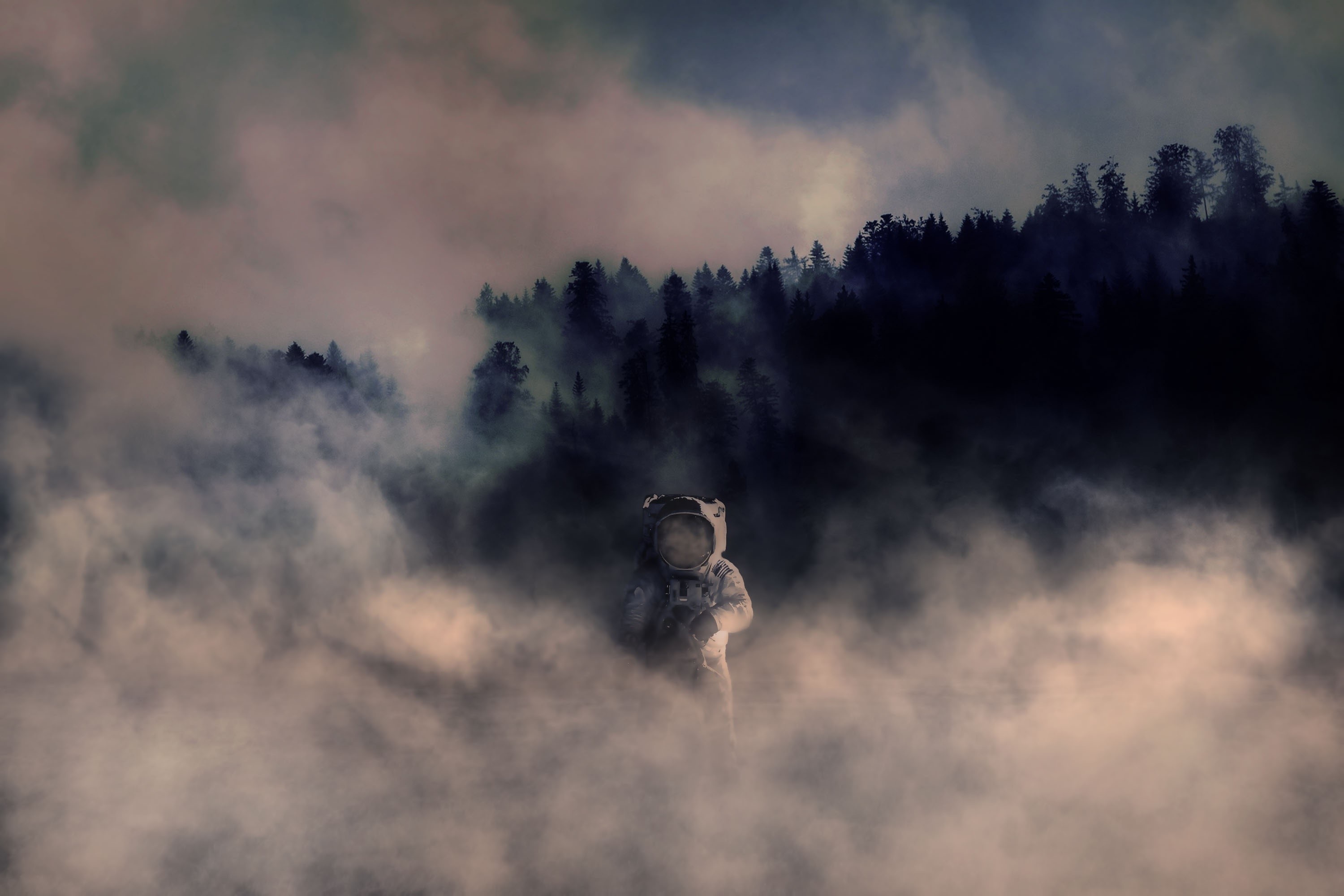 astronaut, smoke, forest, space suit, trees, photomontage, mist, HD Wallpaper