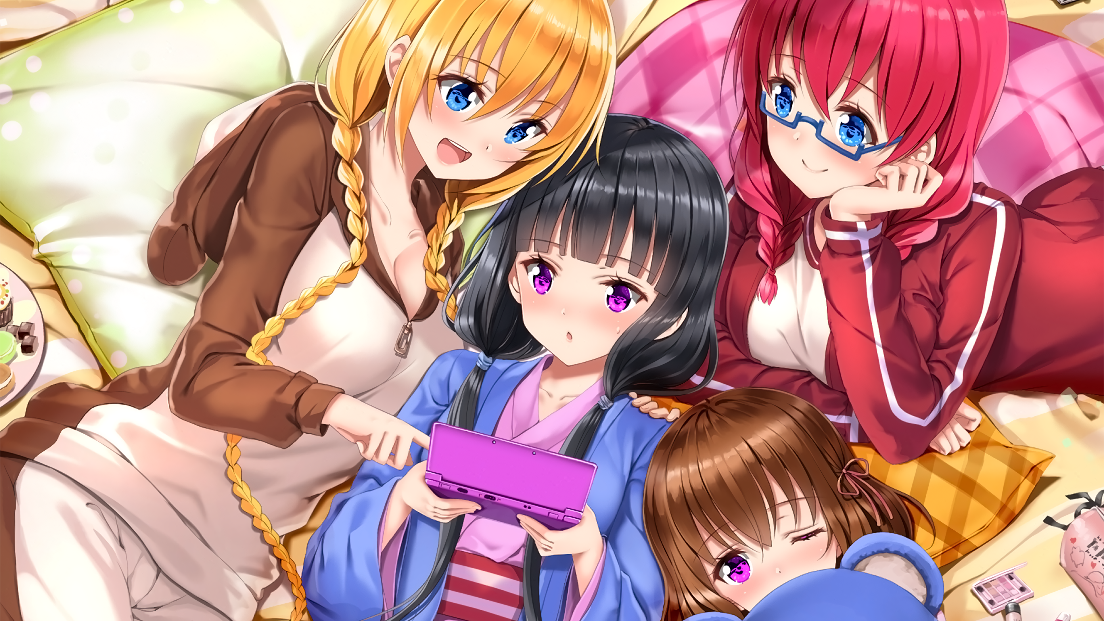 anime, anime girls, Blend S, BLEND-S, Hinata Kaho, Sakuranomiya Maika, Hoshikawa Mafuyu, yukata, fan art, white skin, bed, pyjamas, blue eyes, purple eyes, HD Wallpaper