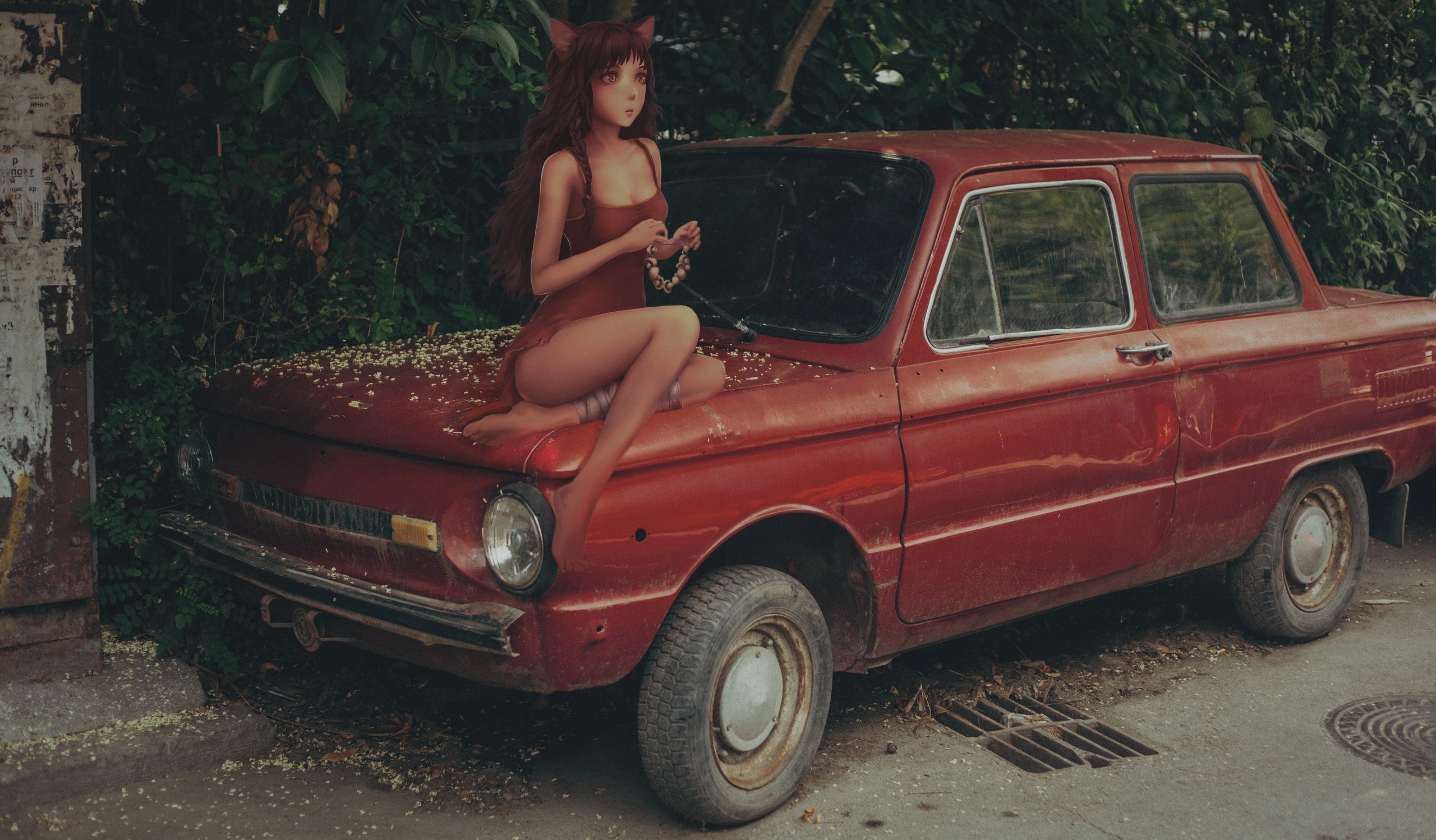 anime, 2D, anime girls, car, old car, vehicle, red cars, HD Wallpaper