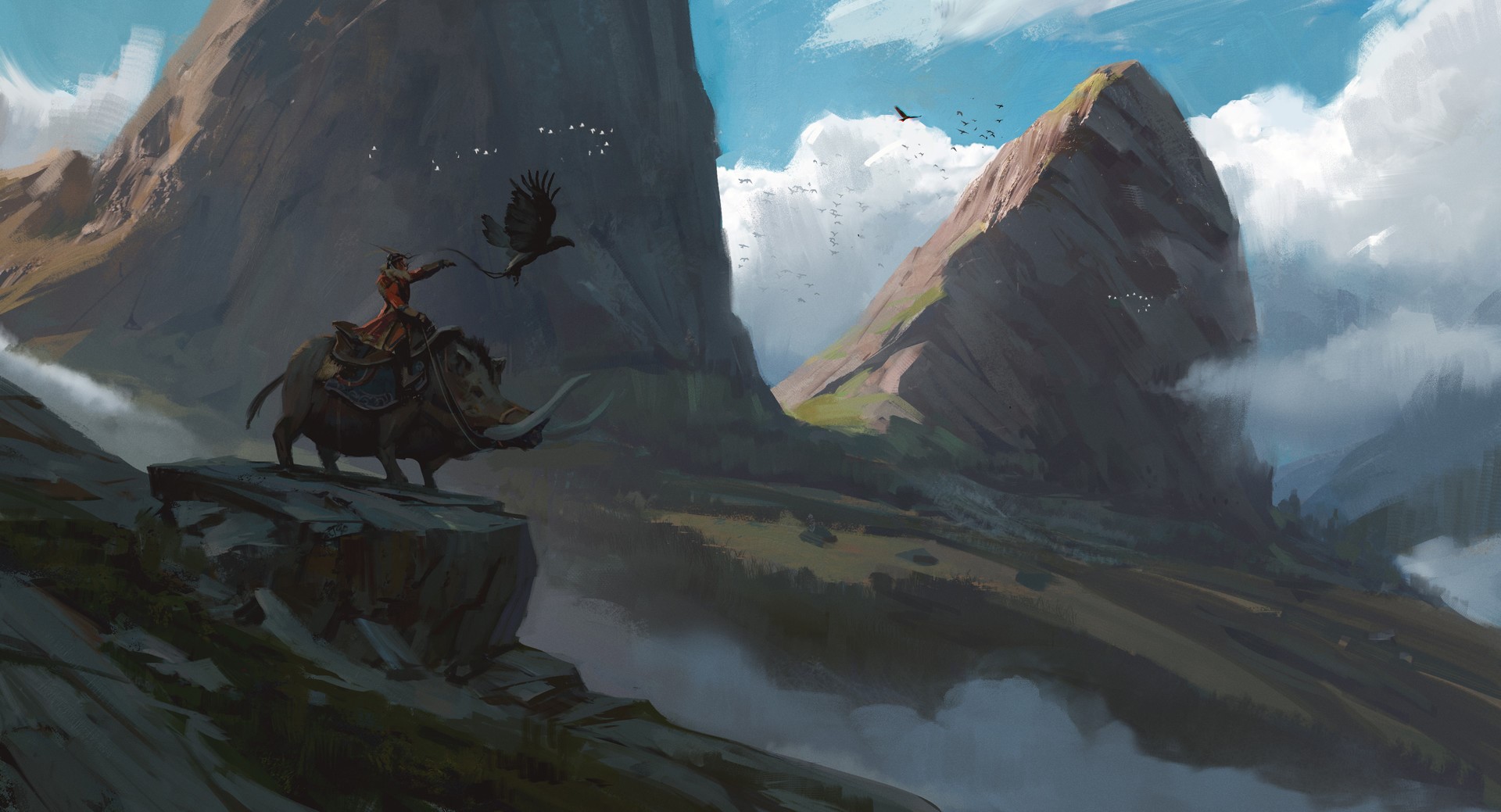 Sangyeop Park, artwork, digital art, fantasy art, concept art, pigs, fangs, mountains, clouds, birds, environment, 2D, HD Wallpaper