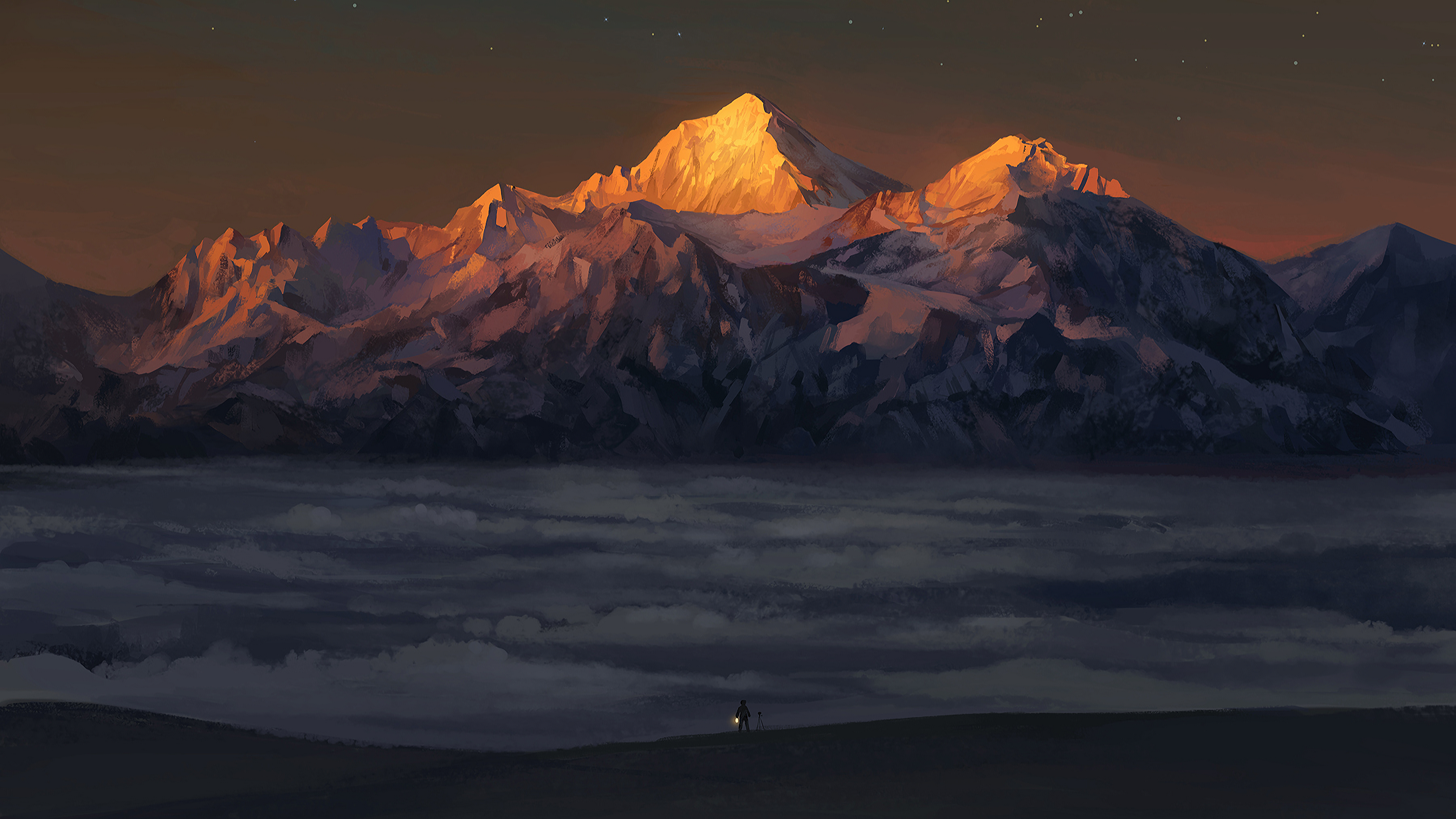 mountains, sunrise, snow, stars, clouds, lantern, camera, painting, artwork, nature, HD Wallpaper