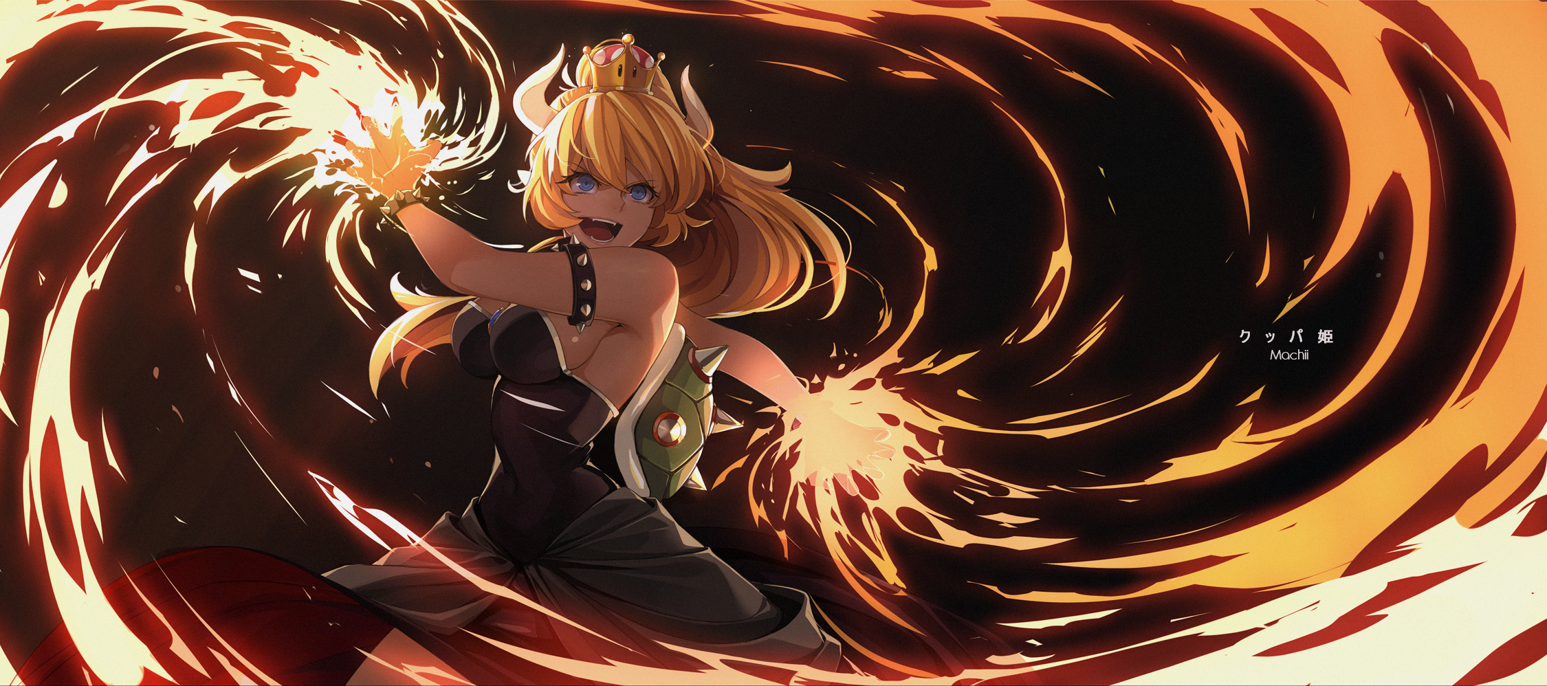 simple background, black background, Nintendo, mario (series), Bowsette, fire, magic, dress, sideboob, long hair, blond hair, horns, crown, blue eyes, open mouth, anime girls, anime, HD Wallpaper