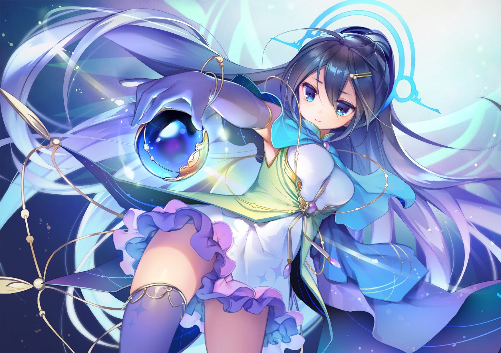 blue eyes, purple eyes, sphere, gloves, elbow gloves, HD Wallpaper