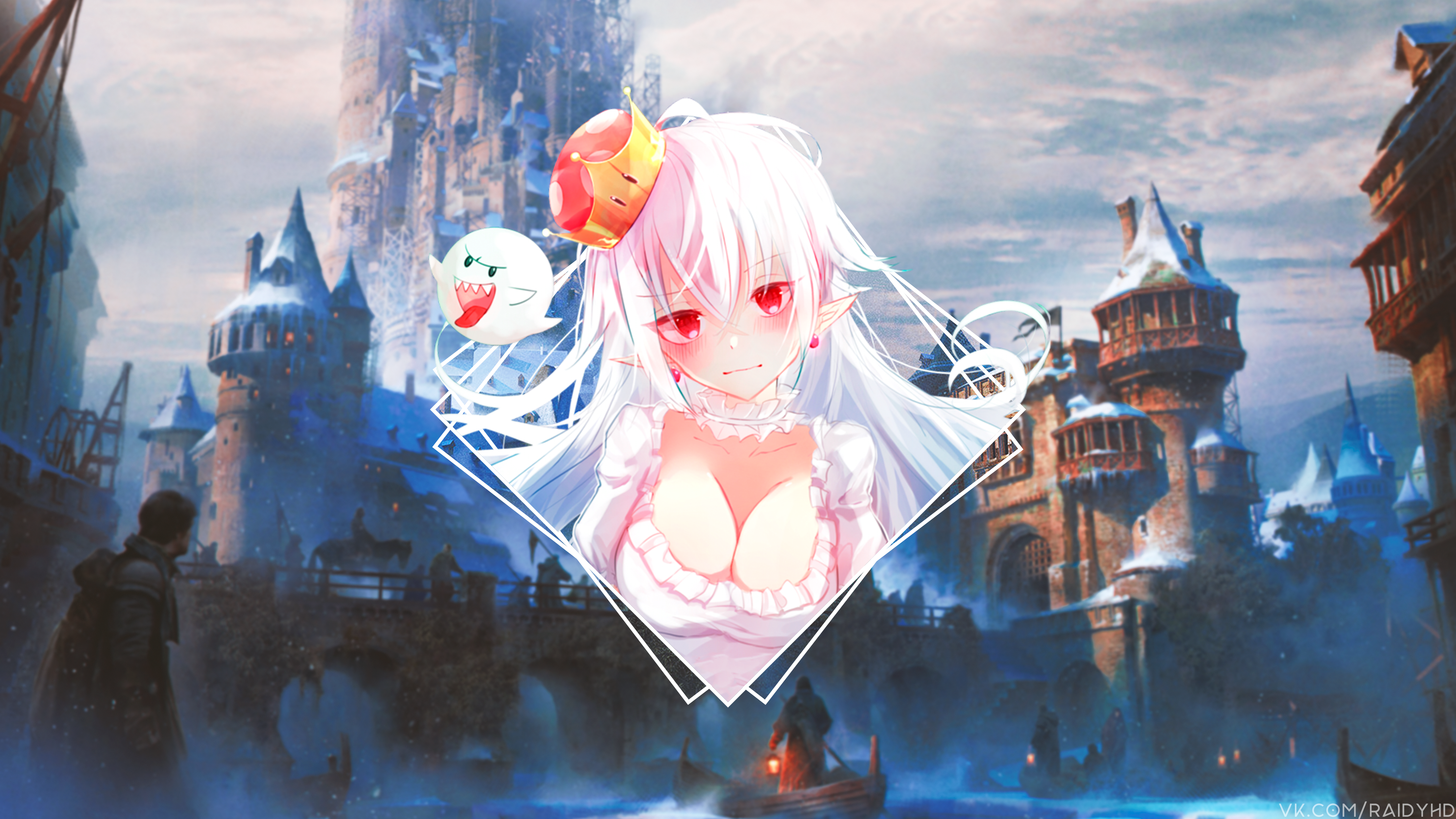 anime, anime girls, picture-in-picture, Boosette, red eyes, boobs, cleavage, HD Wallpaper