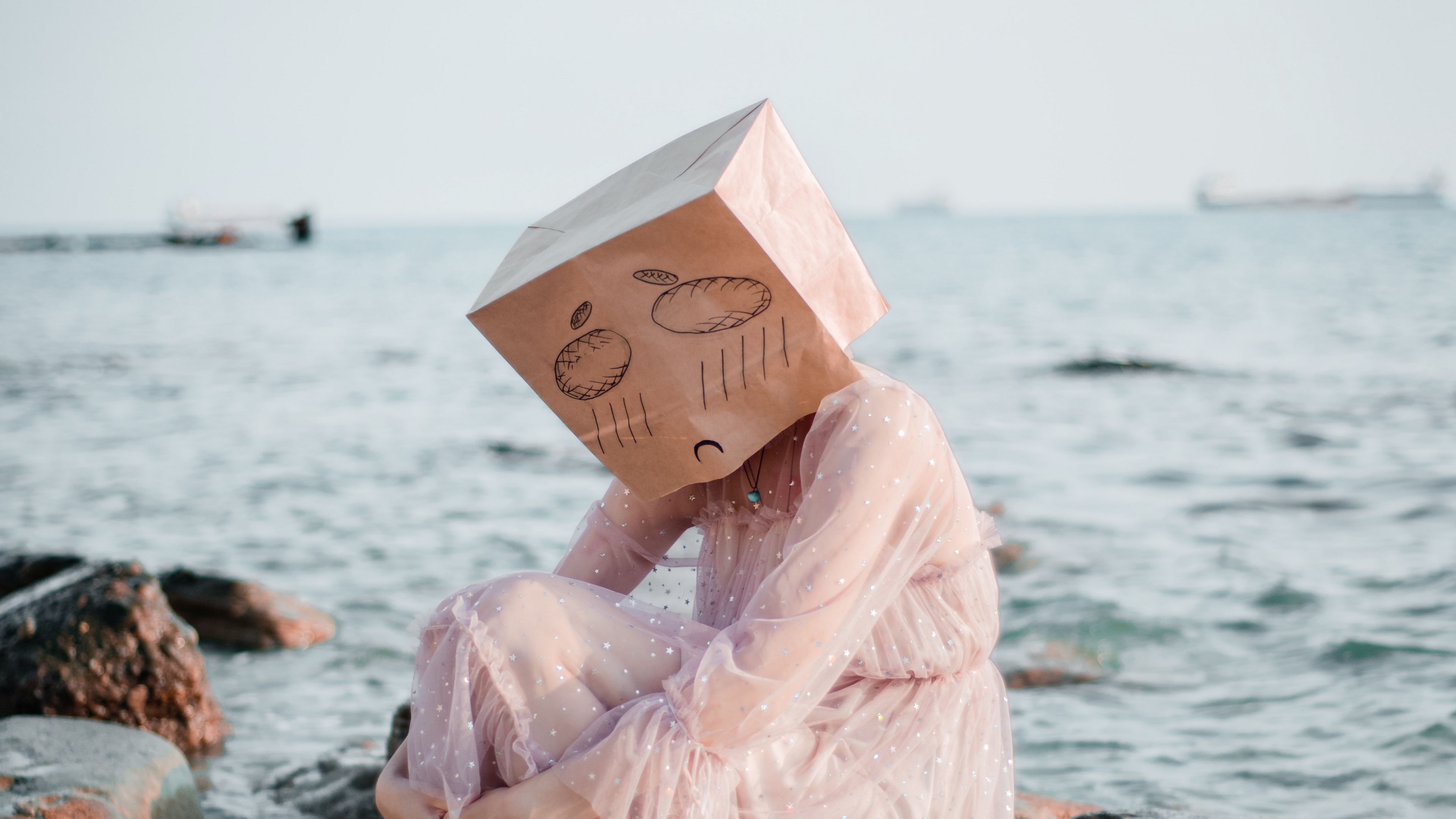 girl, mask, sadness, sea, stones, 4k, HD Wallpaper