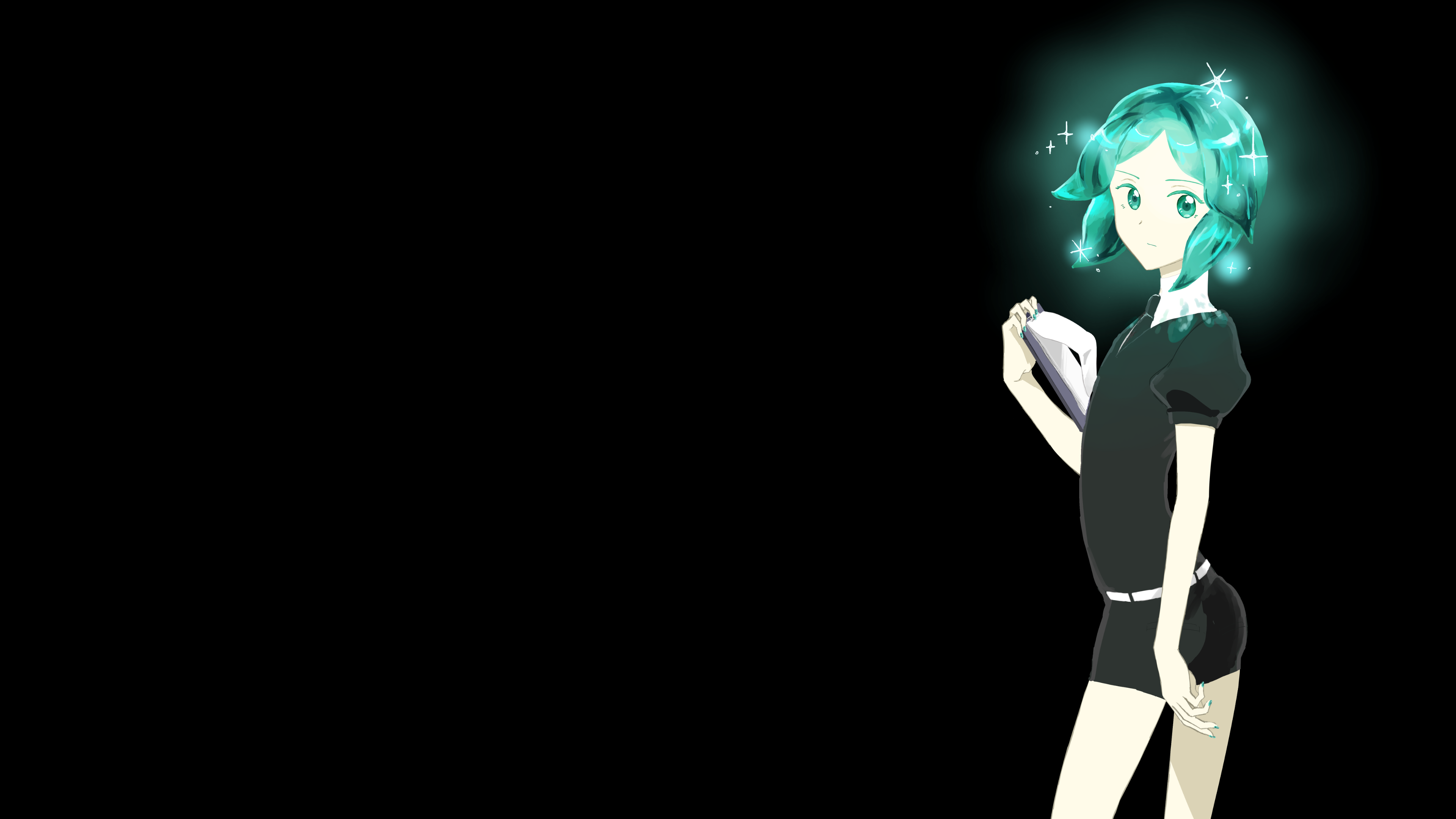 black background, anime, anime girls, Houseki no Kuni, Phos (Houseki no Kuni), aqua hair, HD Wallpaper
