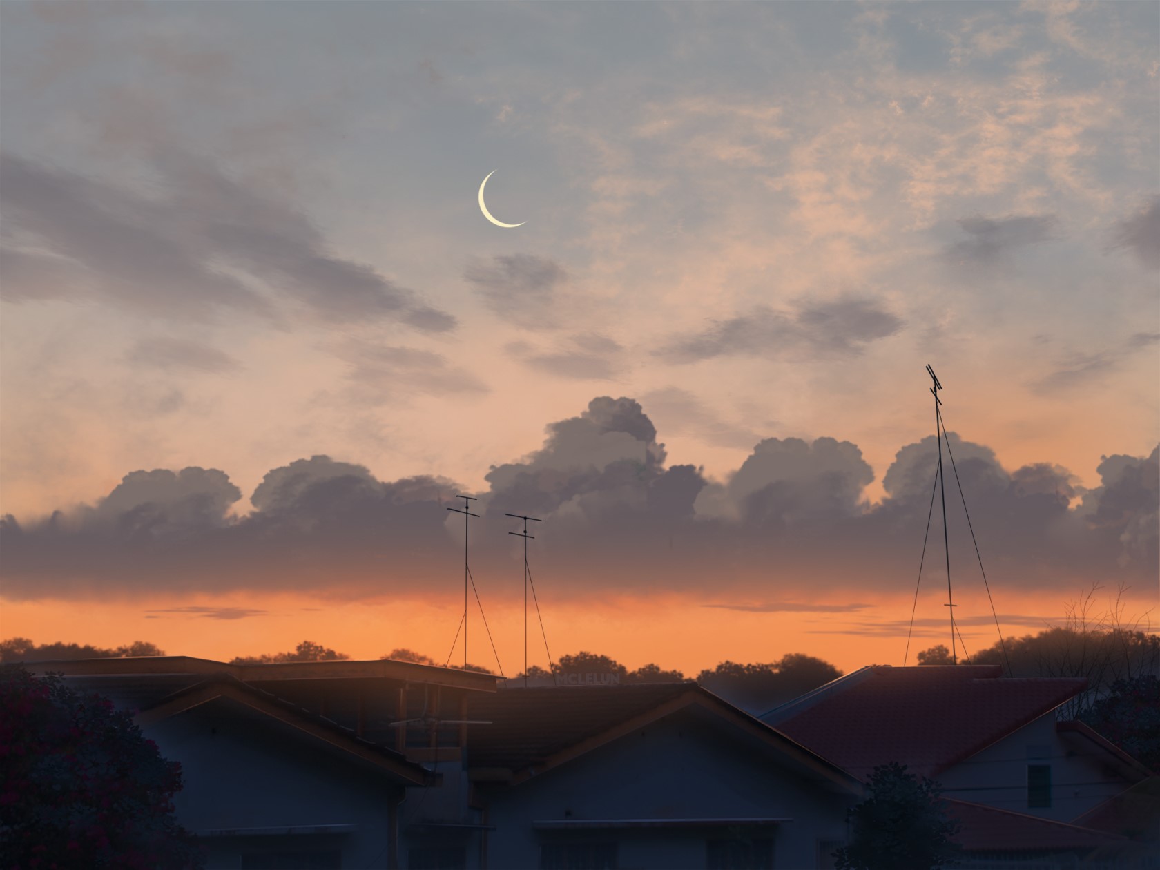 anime, artwork, skyscape, clouds, Moon, urban, HD Wallpaper