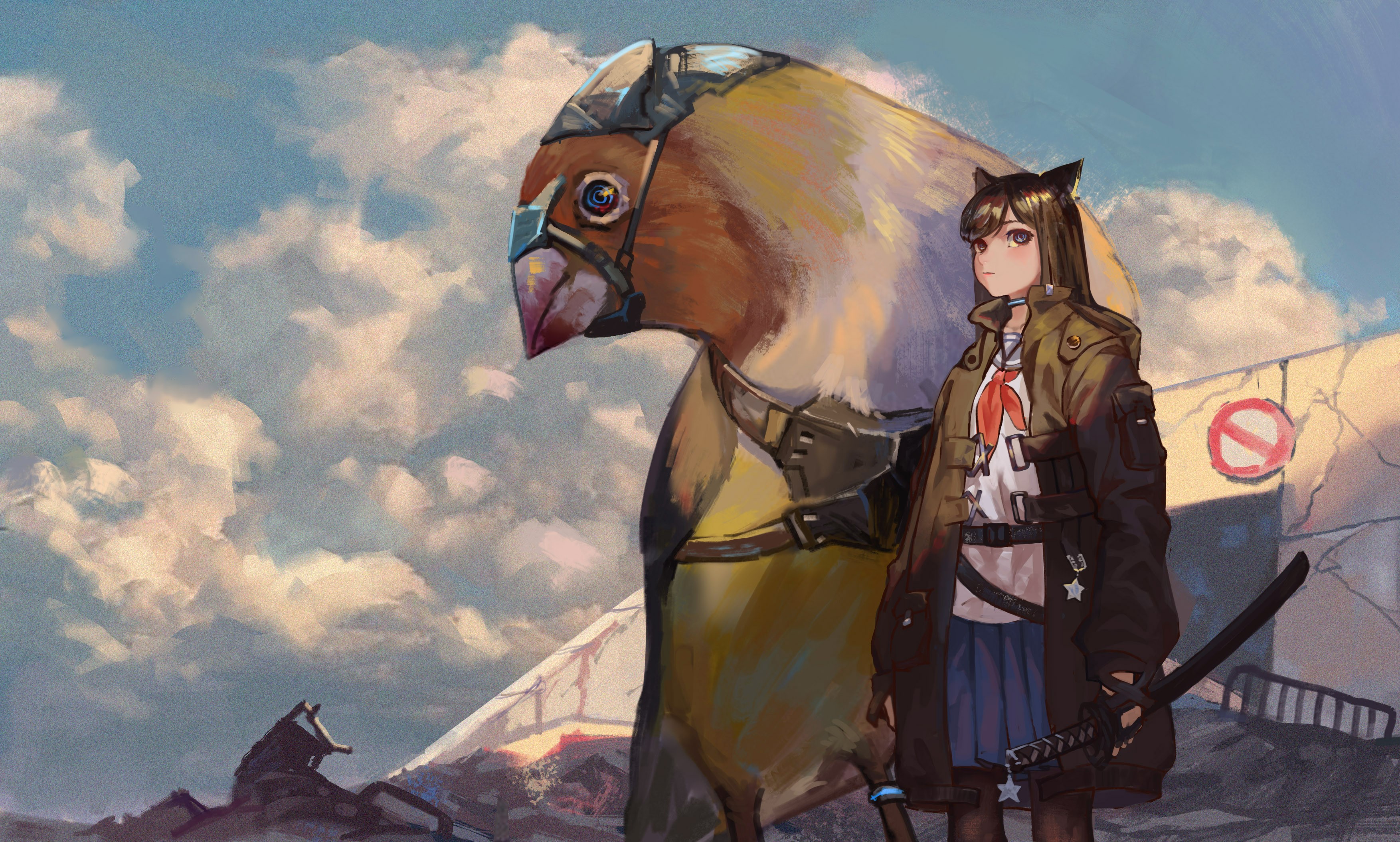 anime girls, anime, birds, creature, katana, clouds, sword, HD Wallpaper