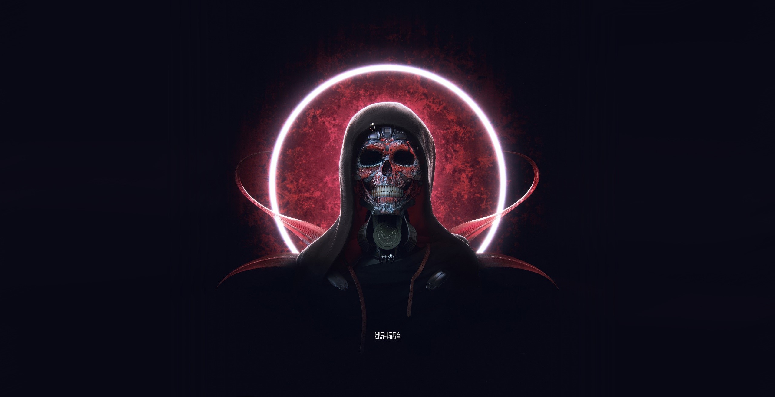 skull, dark, artwork, Michael Michera, red, circle, black background, HD Wallpaper