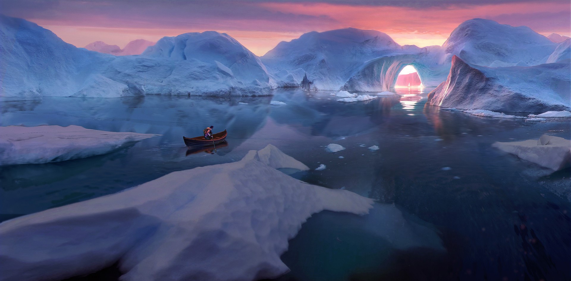 artwork, landscape, Tian Zi, lake, ice, Arctic, iceberg, boat, water, HD Wallpaper