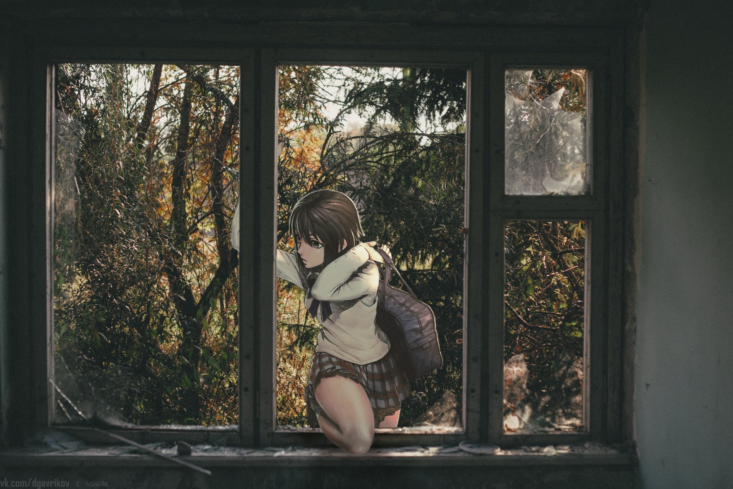 2D, anime, anime girls, window, miniskirt, brunette, HD Wallpaper