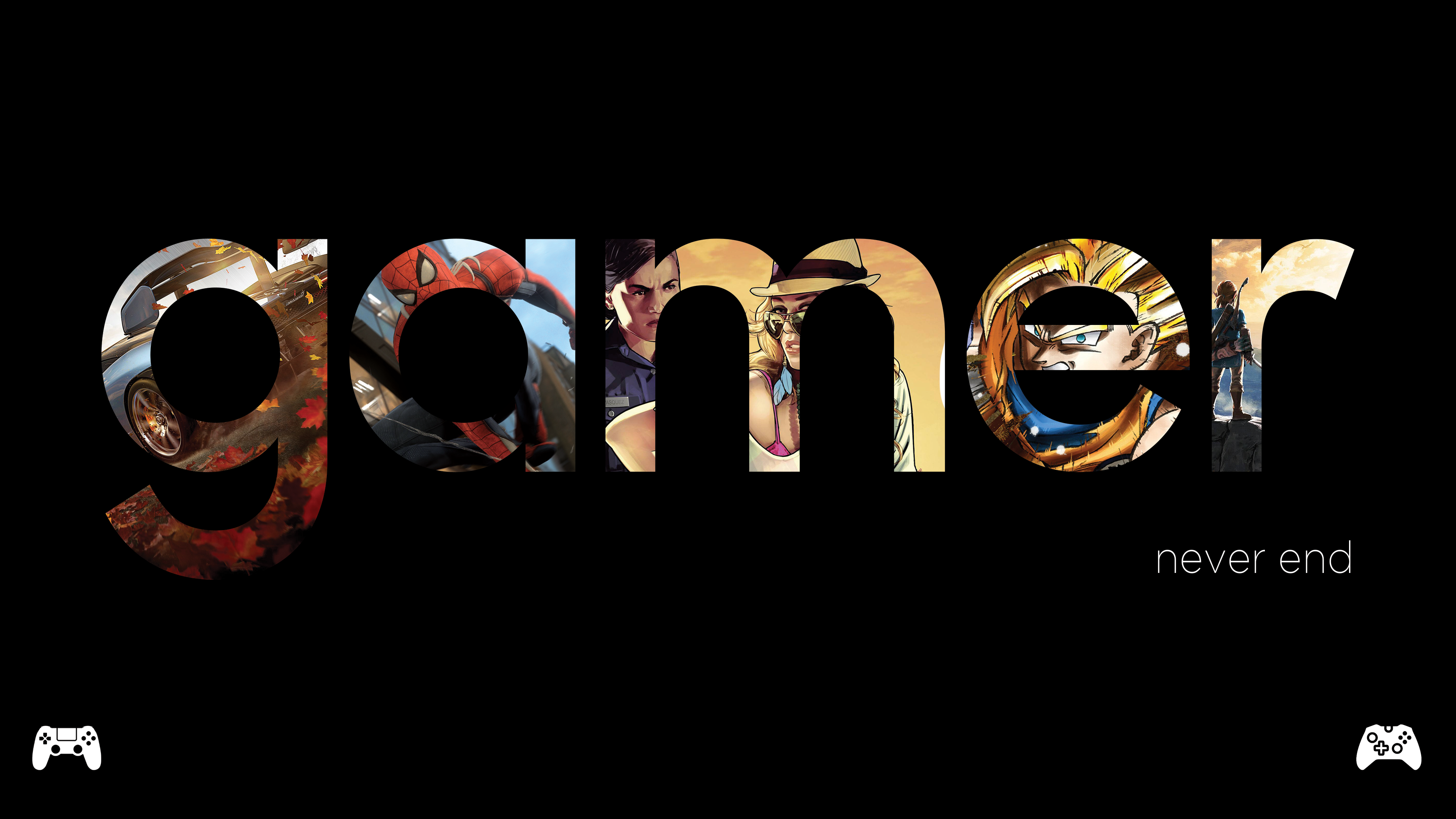 4Gamers, Gamer, Spider-Man, Forza, Zelda, Grand Theft Auto V, video games, typography, simple background, black background, HD Wallpaper