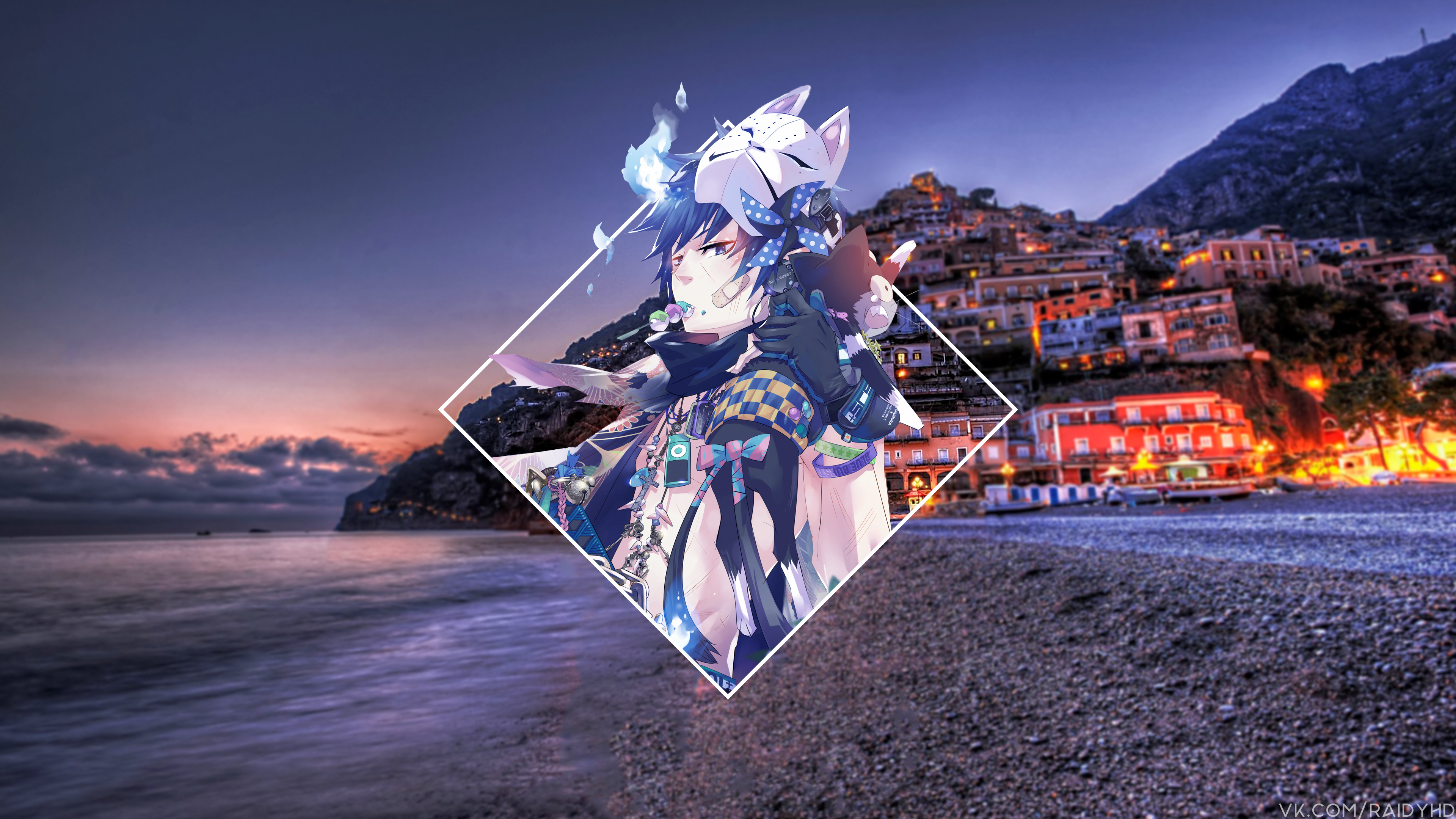 anime, picture-in-picture, blue hair, mask, HD Wallpaper