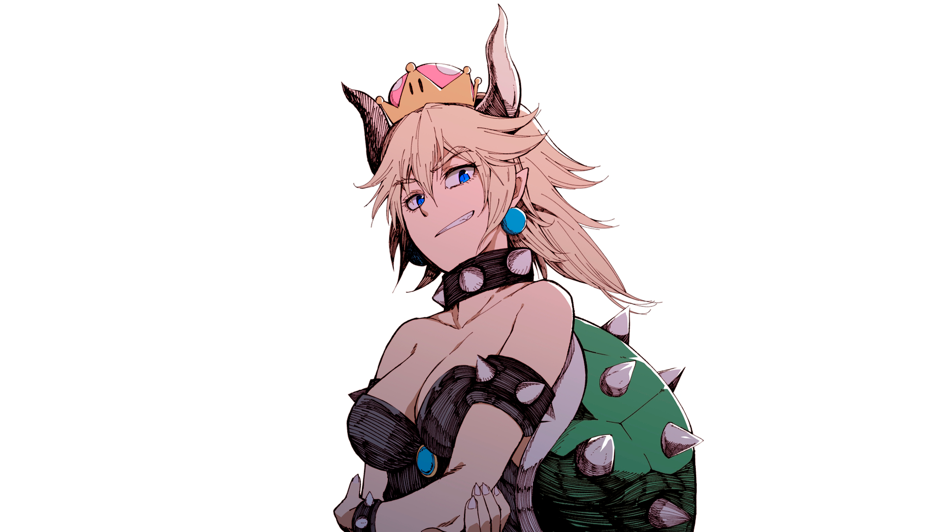 anime, game art, anime girls, simple background, minimalism, Super Mario, Bowsette, bowser, demon horns, boobs, crown, blue eyes, low-angle, HD Wallpaper