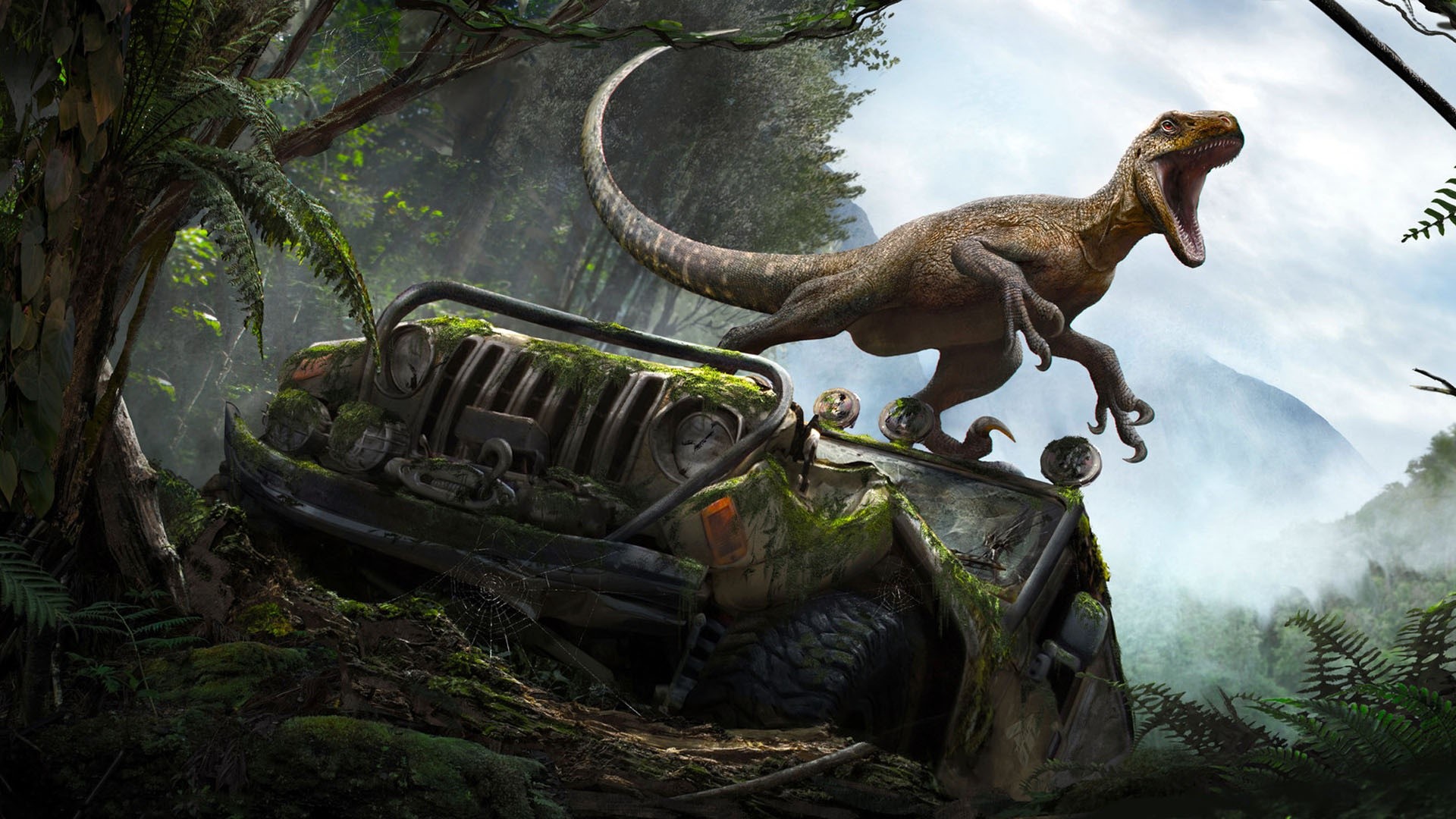 artwork, Jeep, wreck, vehicle, dinosaurs, HD Wallpaper