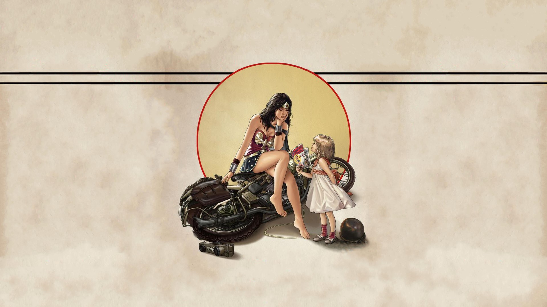 DC Comics, comic books, Wonder Woman, barefoot, women with motorcycles, children, artwork, superheroines, motorcycle, HD Wallpaper