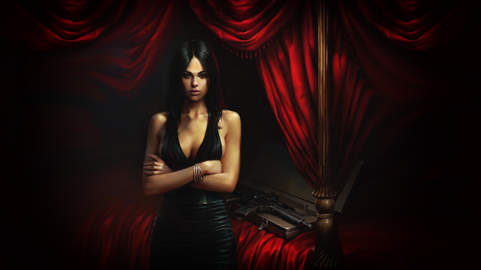 women, dark, artwork, Eldar Zakirov, black dress, cleavage, HD Wallpaper