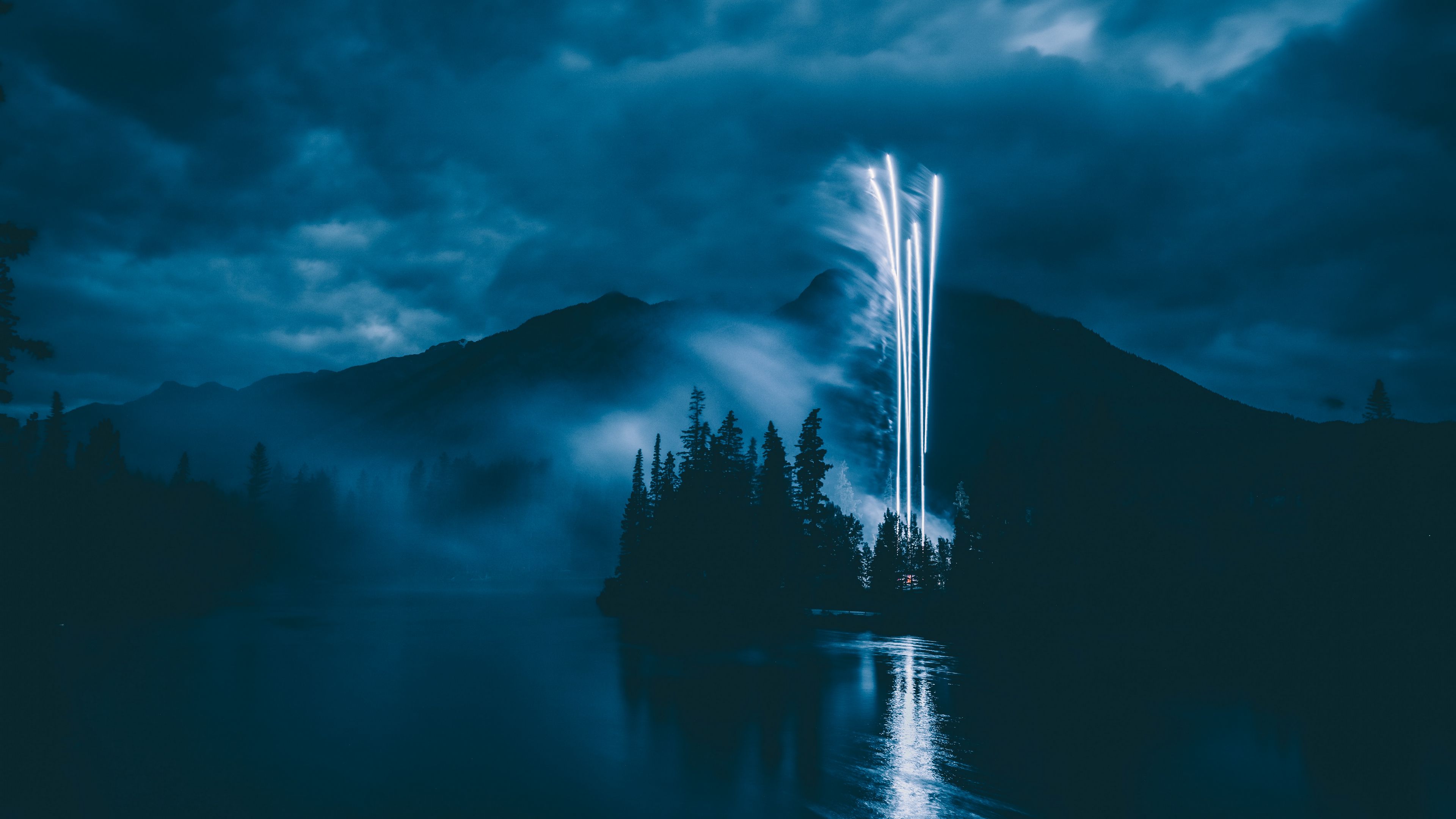 fireworks, salute, night, dark, smoke, 4k, HD Wallpaper
