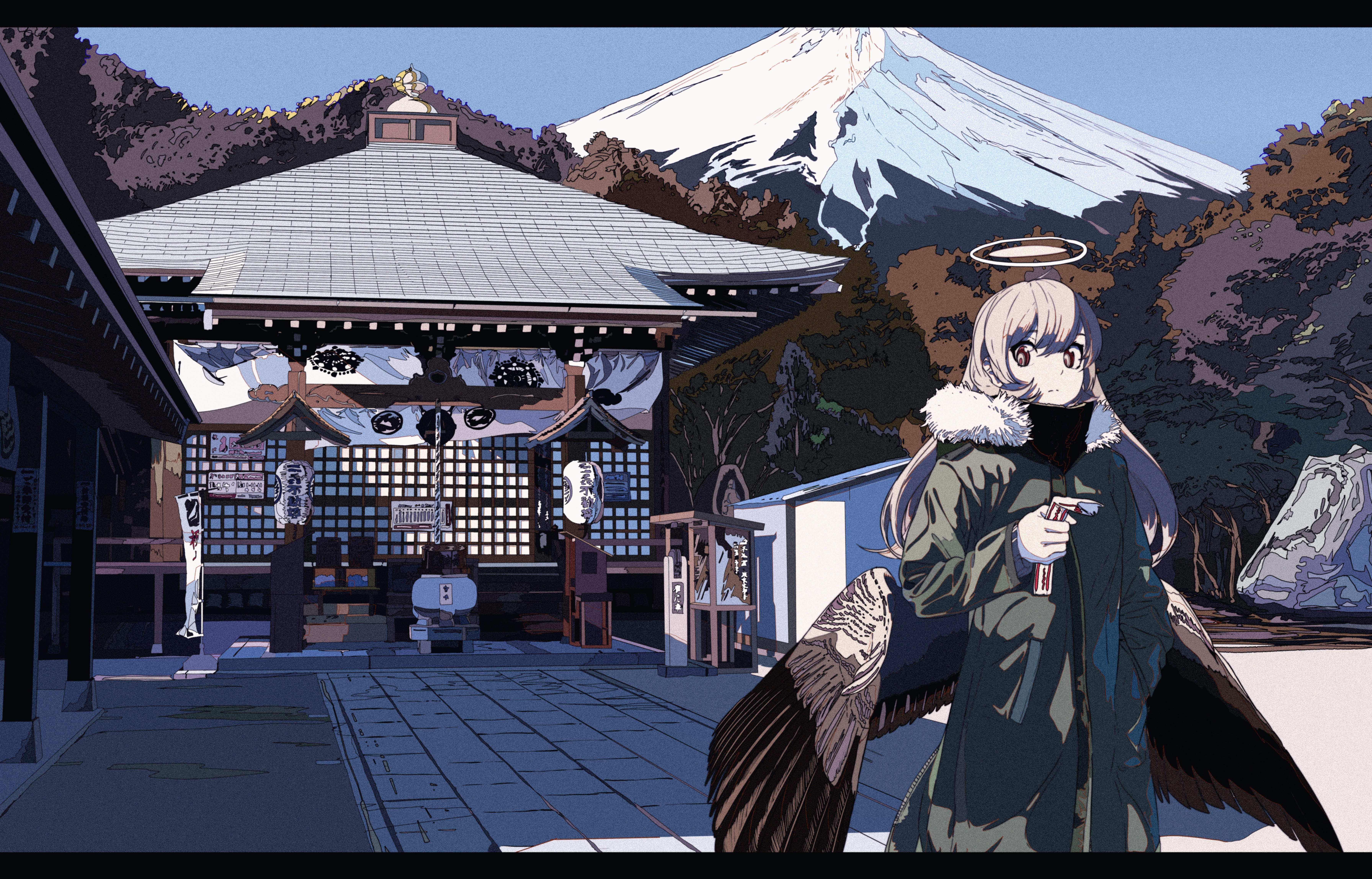 焦茶, anime girls, angel, wings, shrine, mountain top, white, Japan, HD Wallpaper
