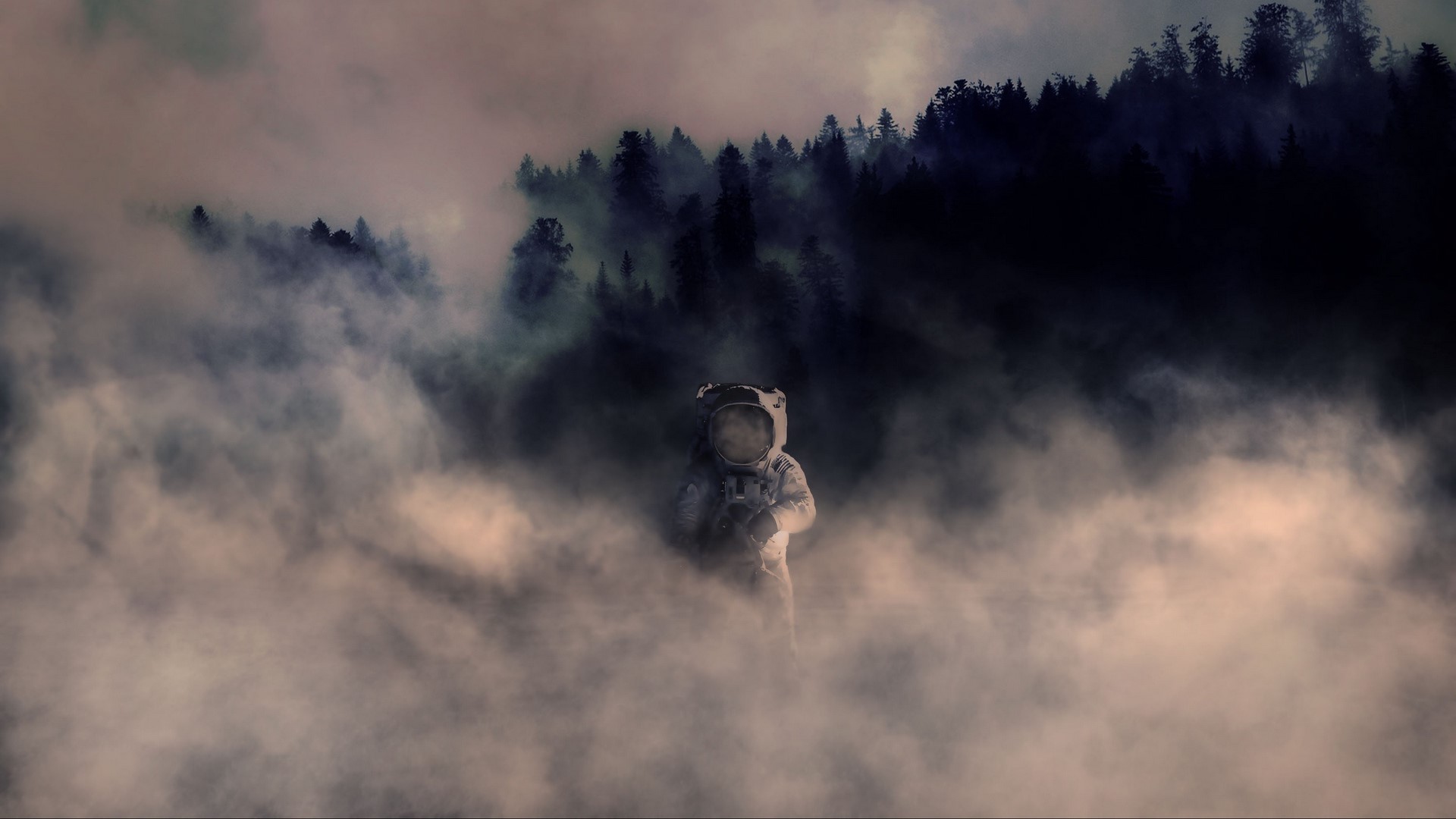 astronaut, smoke, space suit, forest, trees, HD Wallpaper