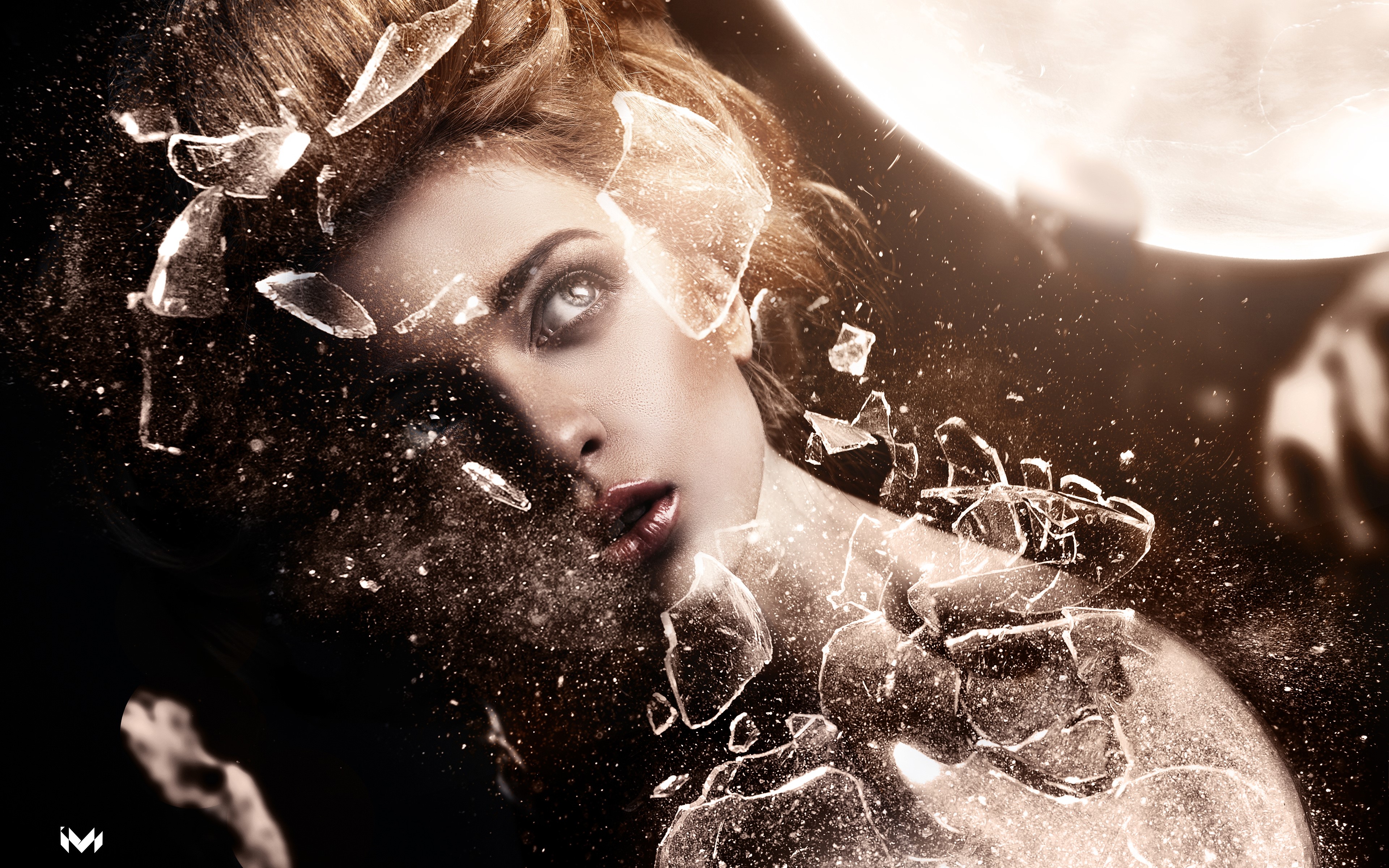brunette, women, face, glass, red lipstick, makeup, digital art, HD Wallpaper