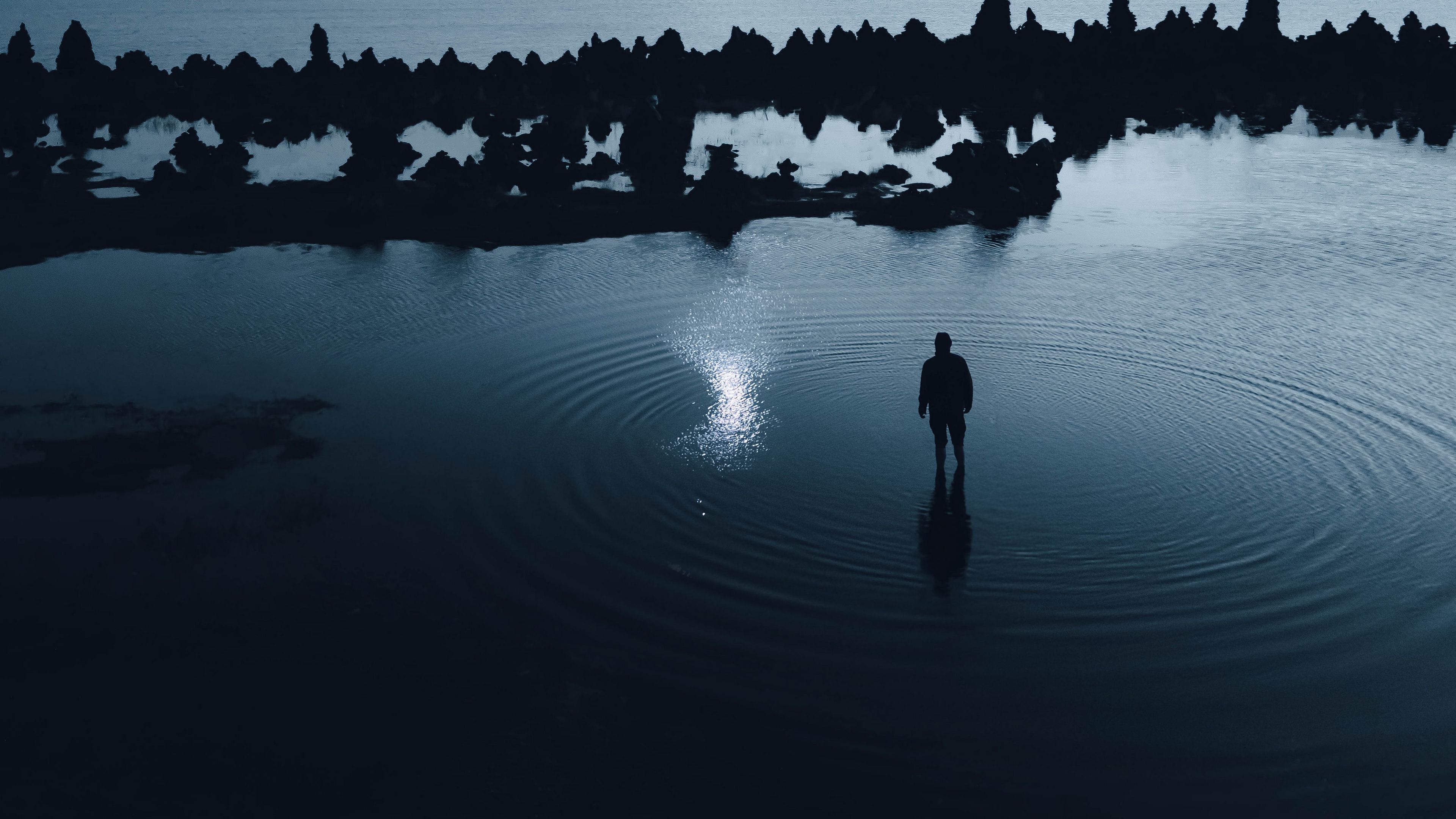 silhouette, lake, night, dark, landscape, 4k, HD Wallpaper