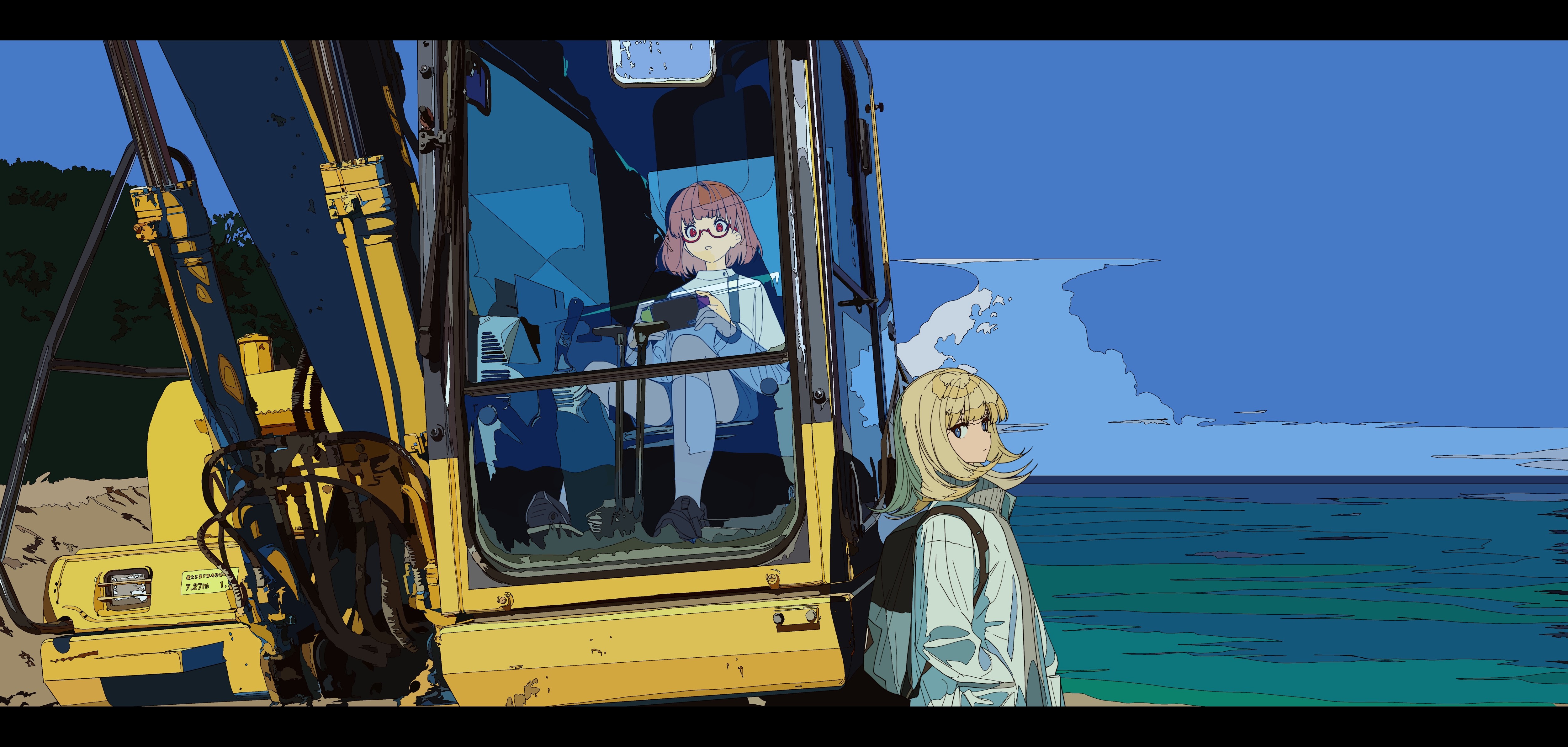 焦茶, construction vehicles, anime girls, heavy equipment, HD Wallpaper