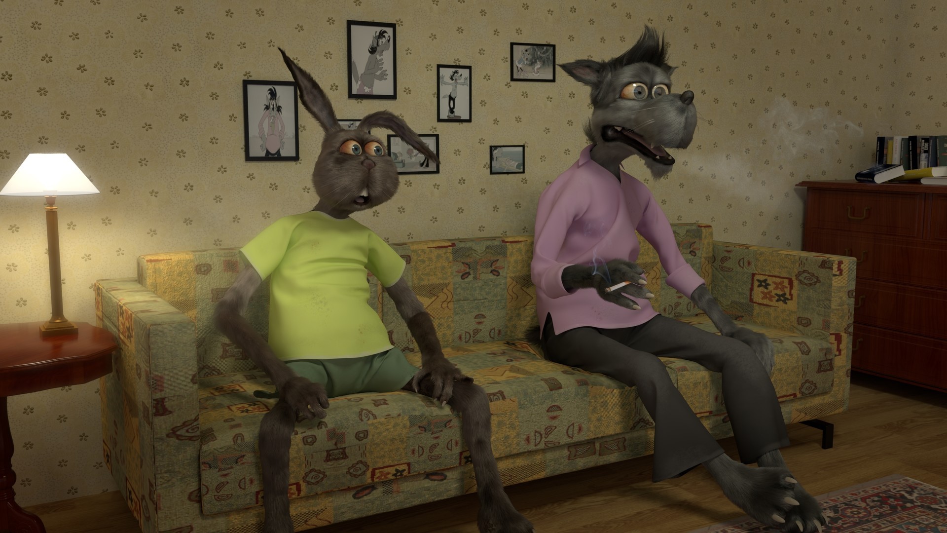 illustration, fairy tale, animals, rabbits, wolf, Russian, Nu pagadi!, drawing, tv series, 3D graphics, couch, fan art, smoking, render, CGI, HD Wallpaper