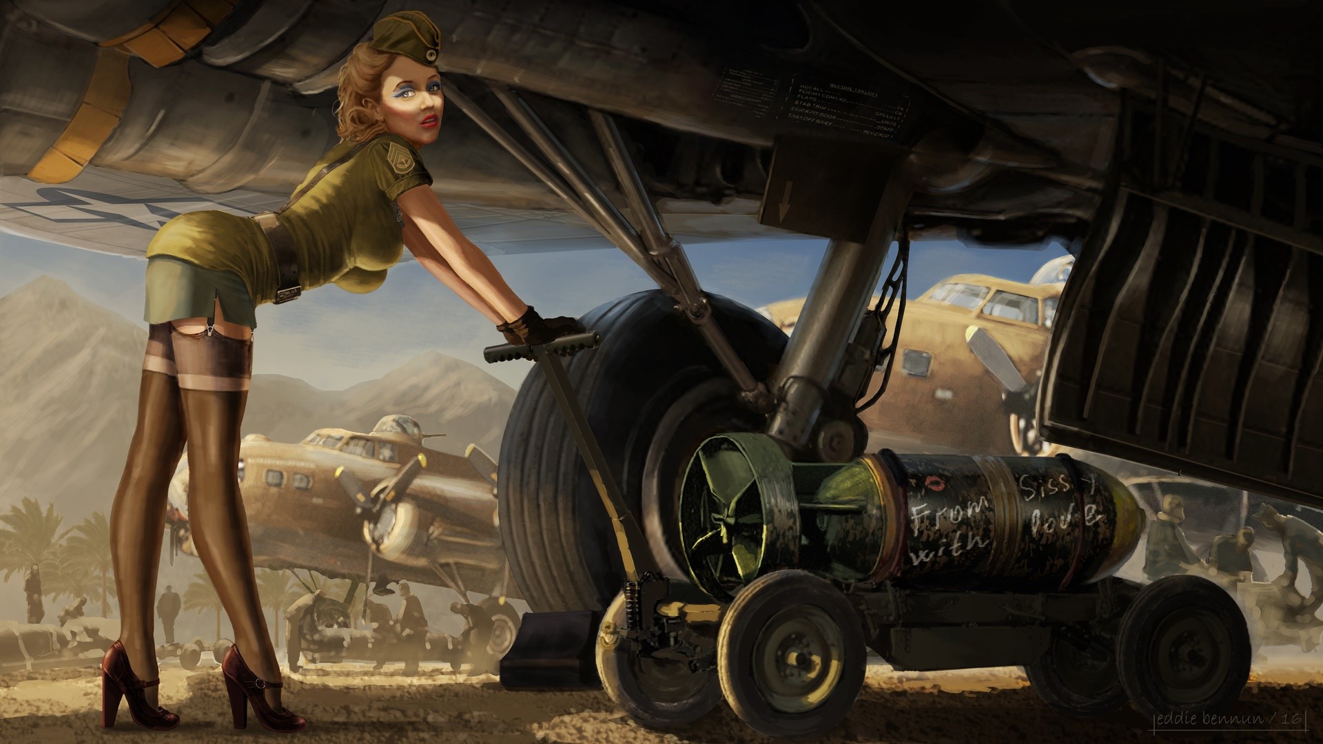 Eddie Bennun, artwork, military aircraft, pinup models, HD Wallpaper