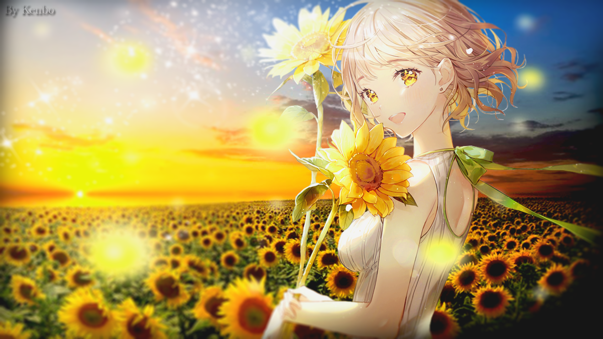 anime girls, sunflowers, picture-in-picture, HD Wallpaper