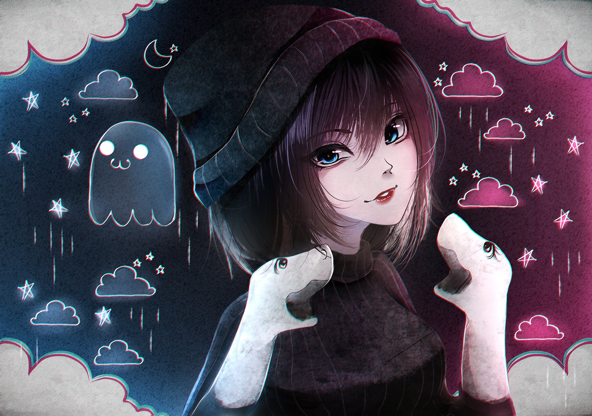artwork, anime, anime girls, blue, pink, HD Wallpaper