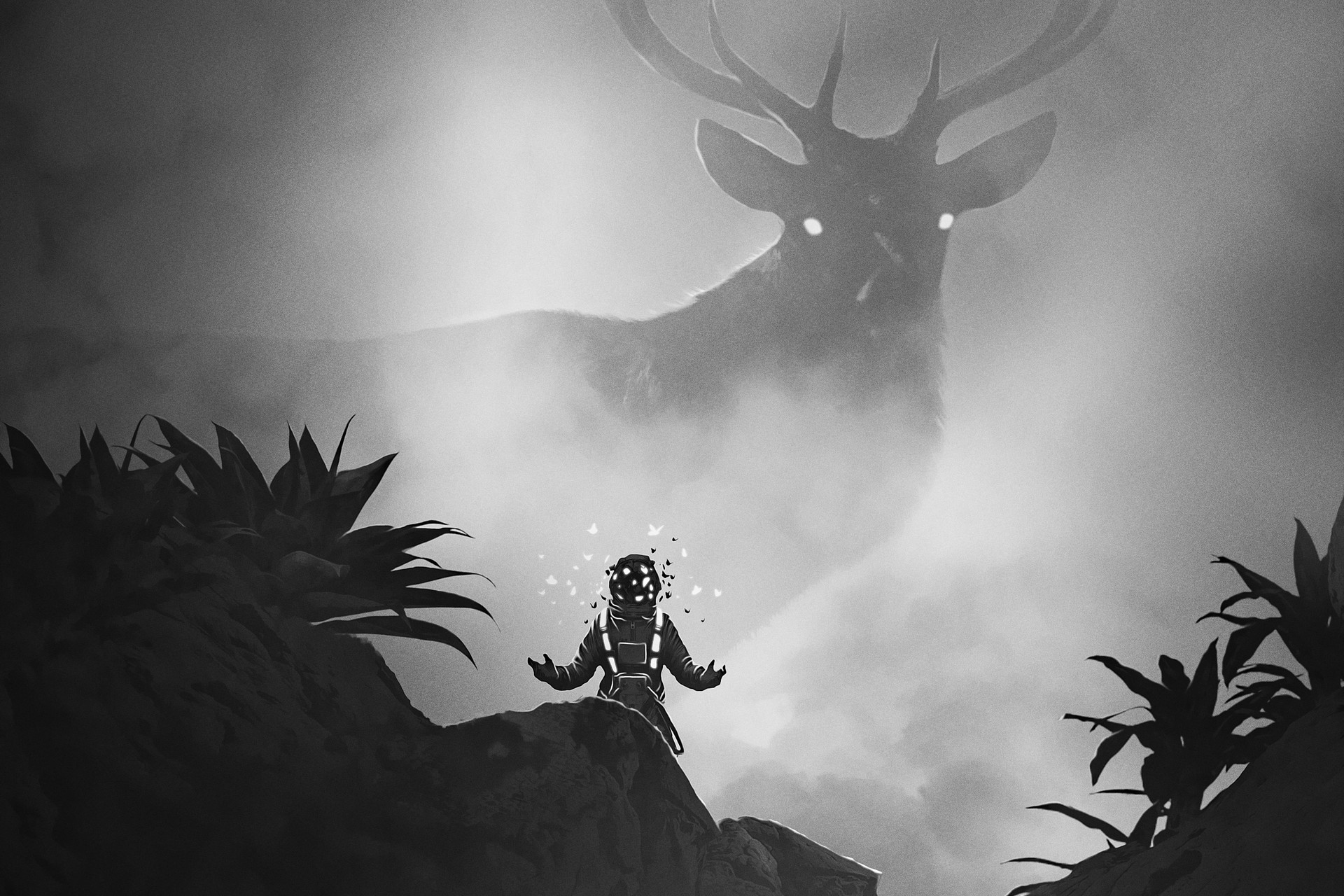 monochrome, artwork, fantasy art, HD Wallpaper