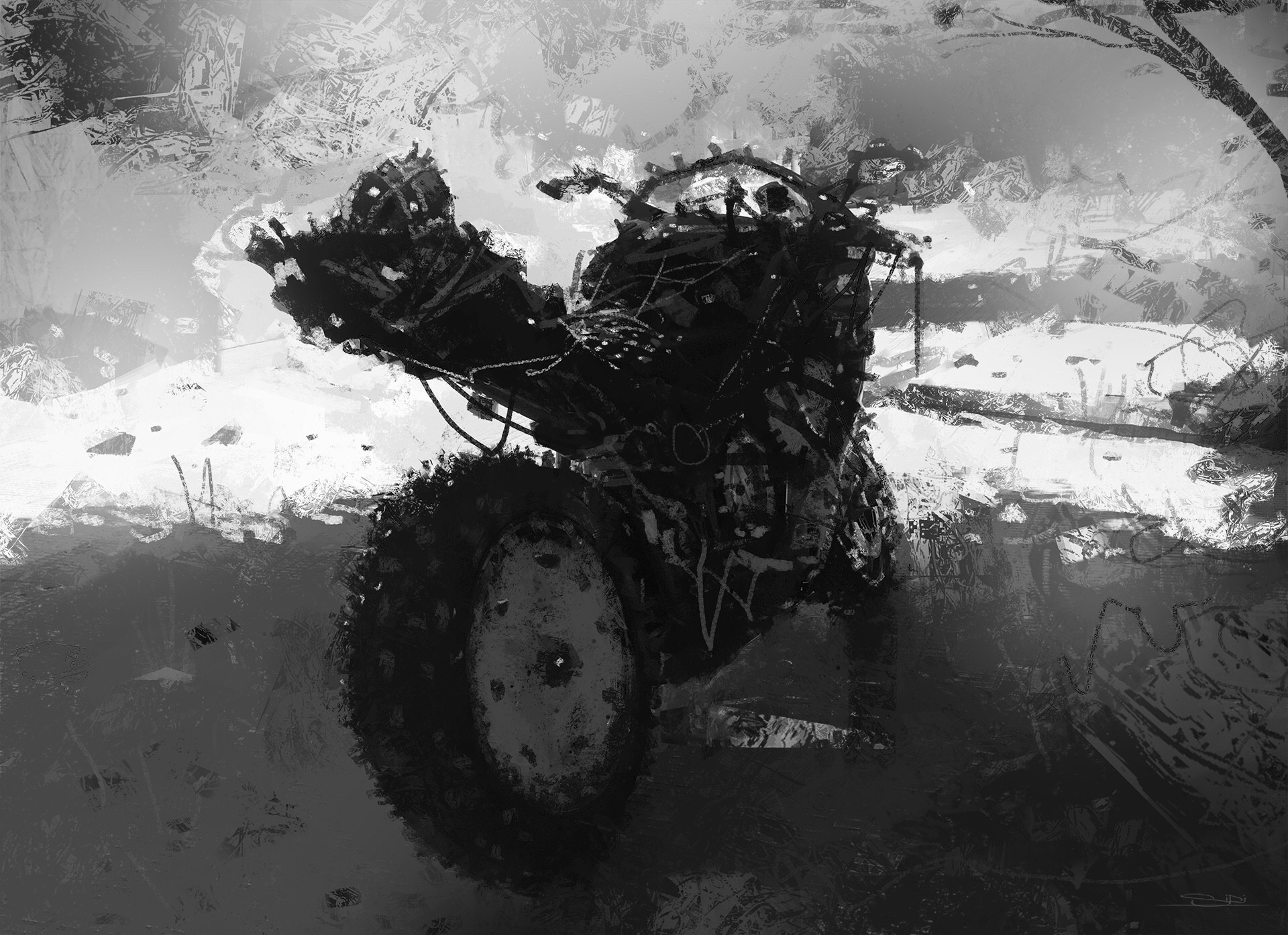 artwork, digital art, monochrome, motorcycle, vehicle, HD Wallpaper