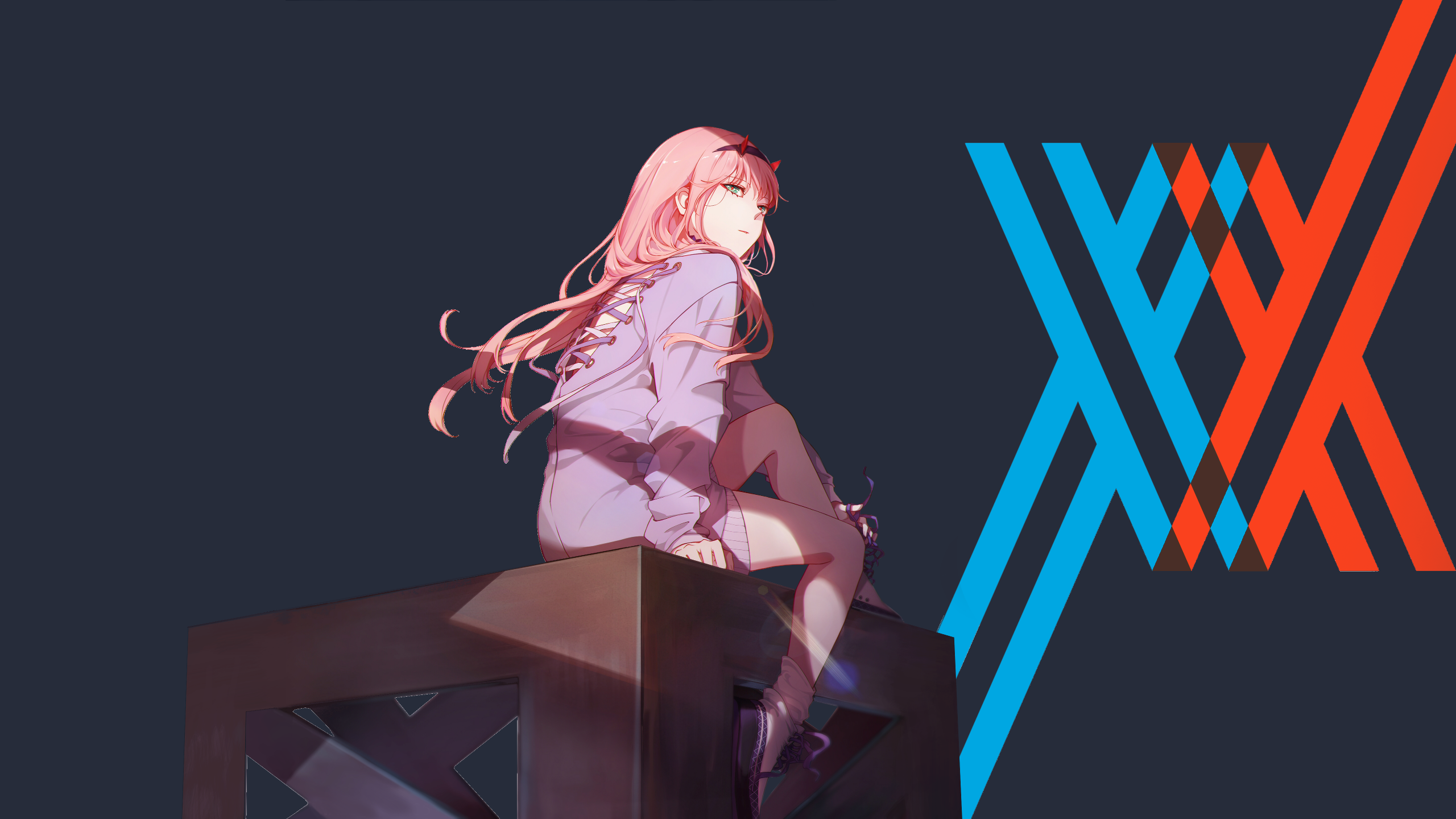 anime, anime girls, white skin, simple background, Darling in the FranXX, Zero Two (Darling in the FranXX), pink hair, blue, HD Wallpaper