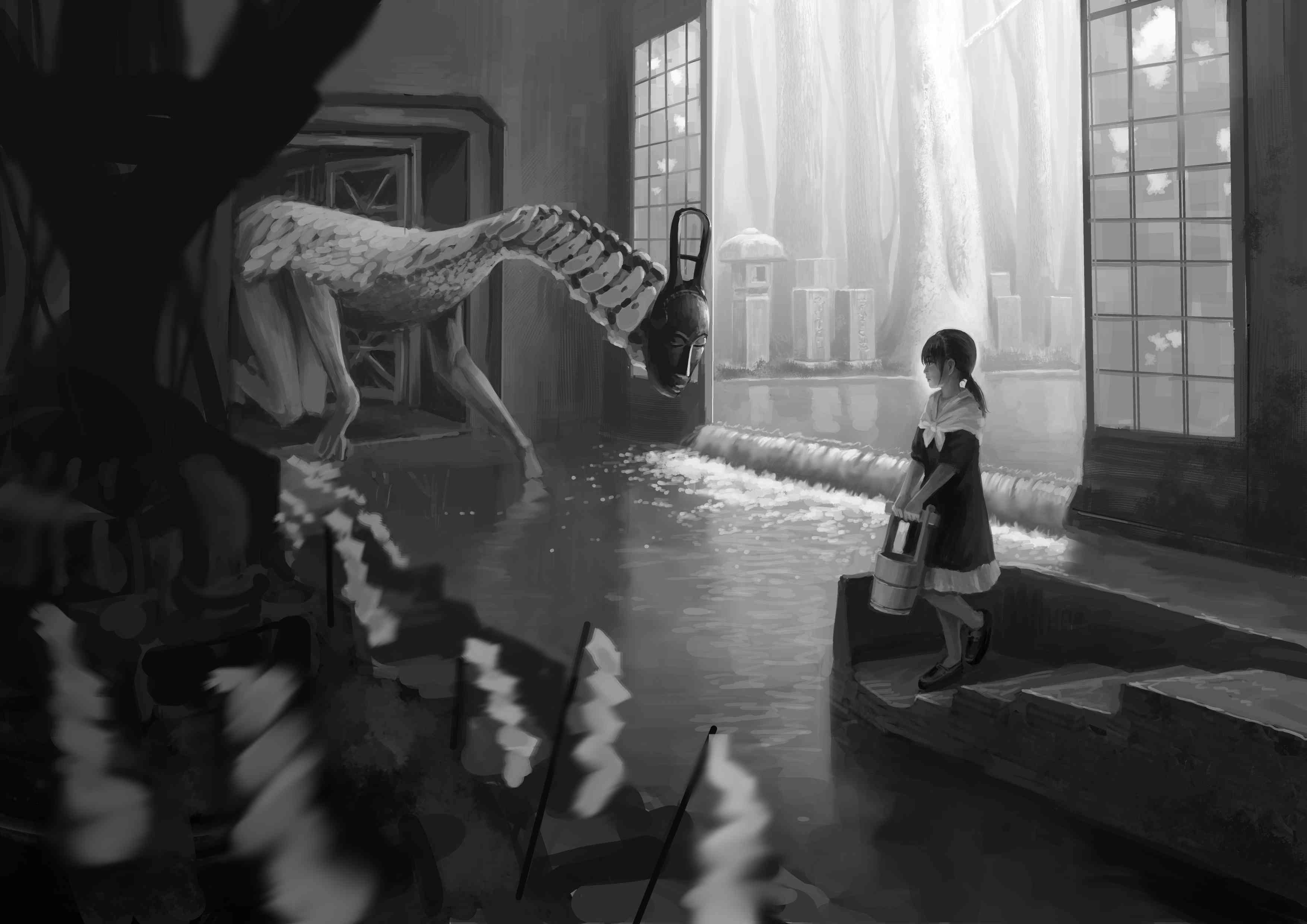 digital art, artwork, anime girls, interior, HD Wallpaper