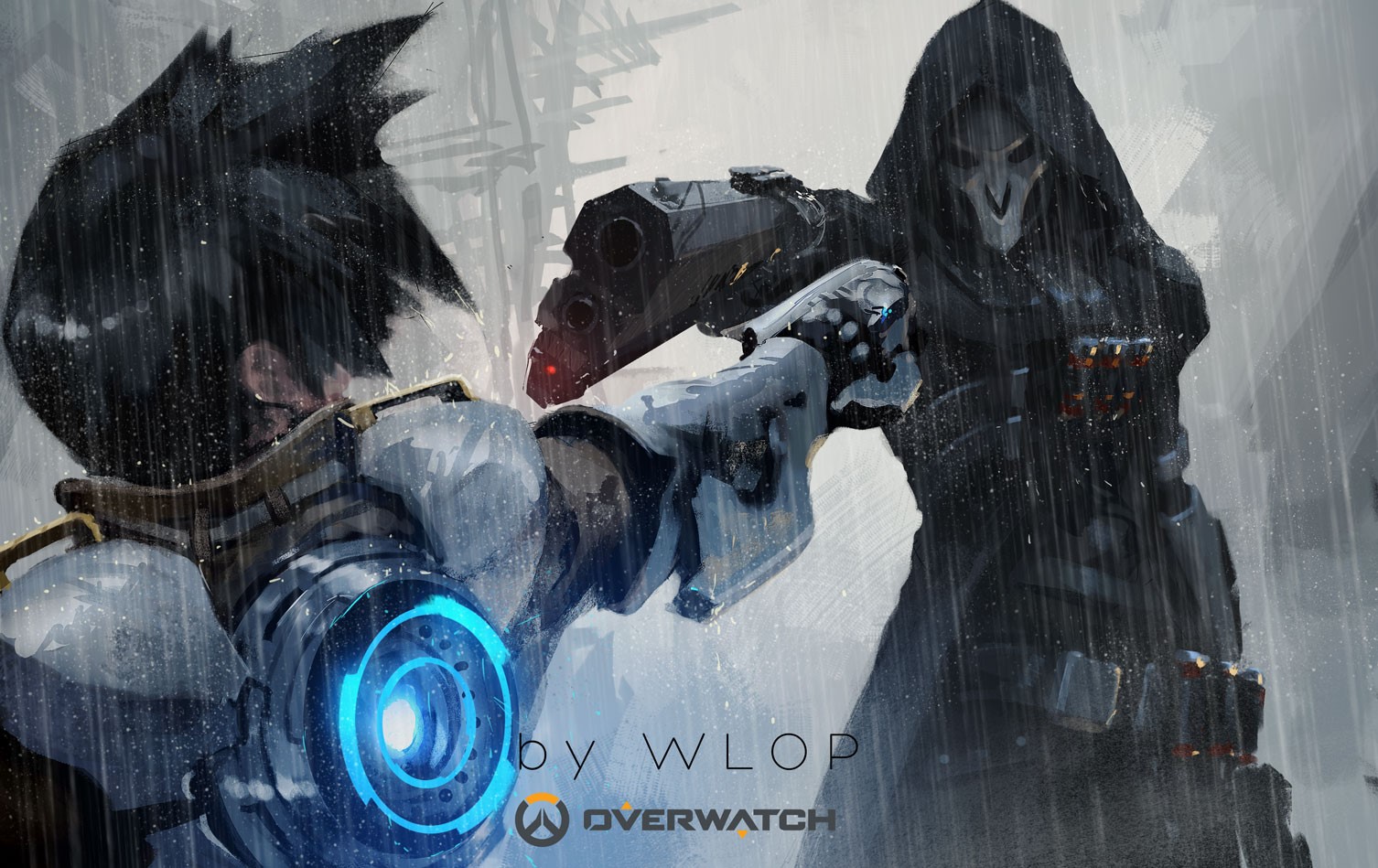 artwork, digital art, science fiction, futuristic, Overwatch, WLOP, Tracer (Overwatch), Reaper (Overwatch), HD Wallpaper