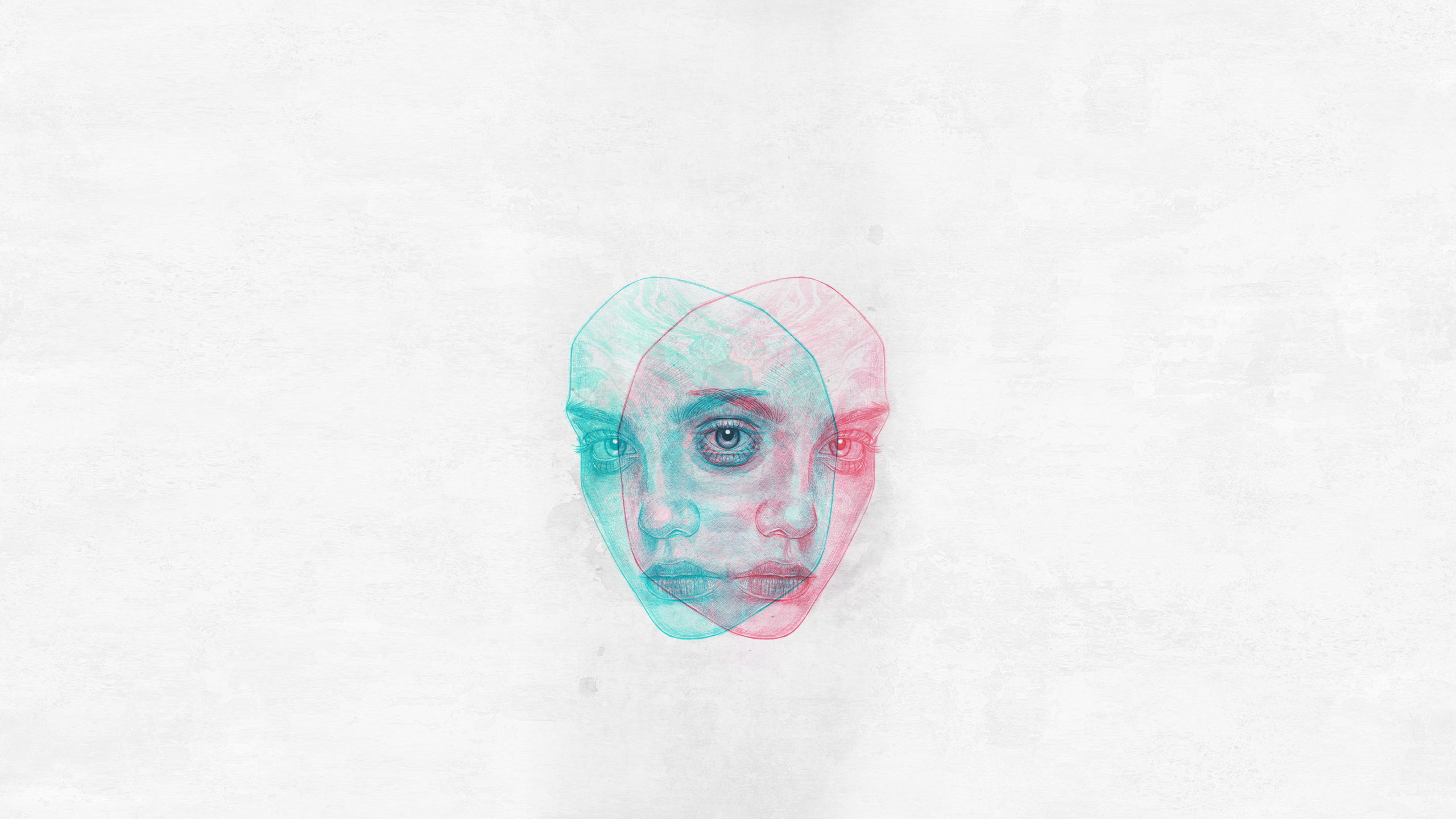 face, chromatic aberration, simple background, abstract, cyan, HD Wallpaper