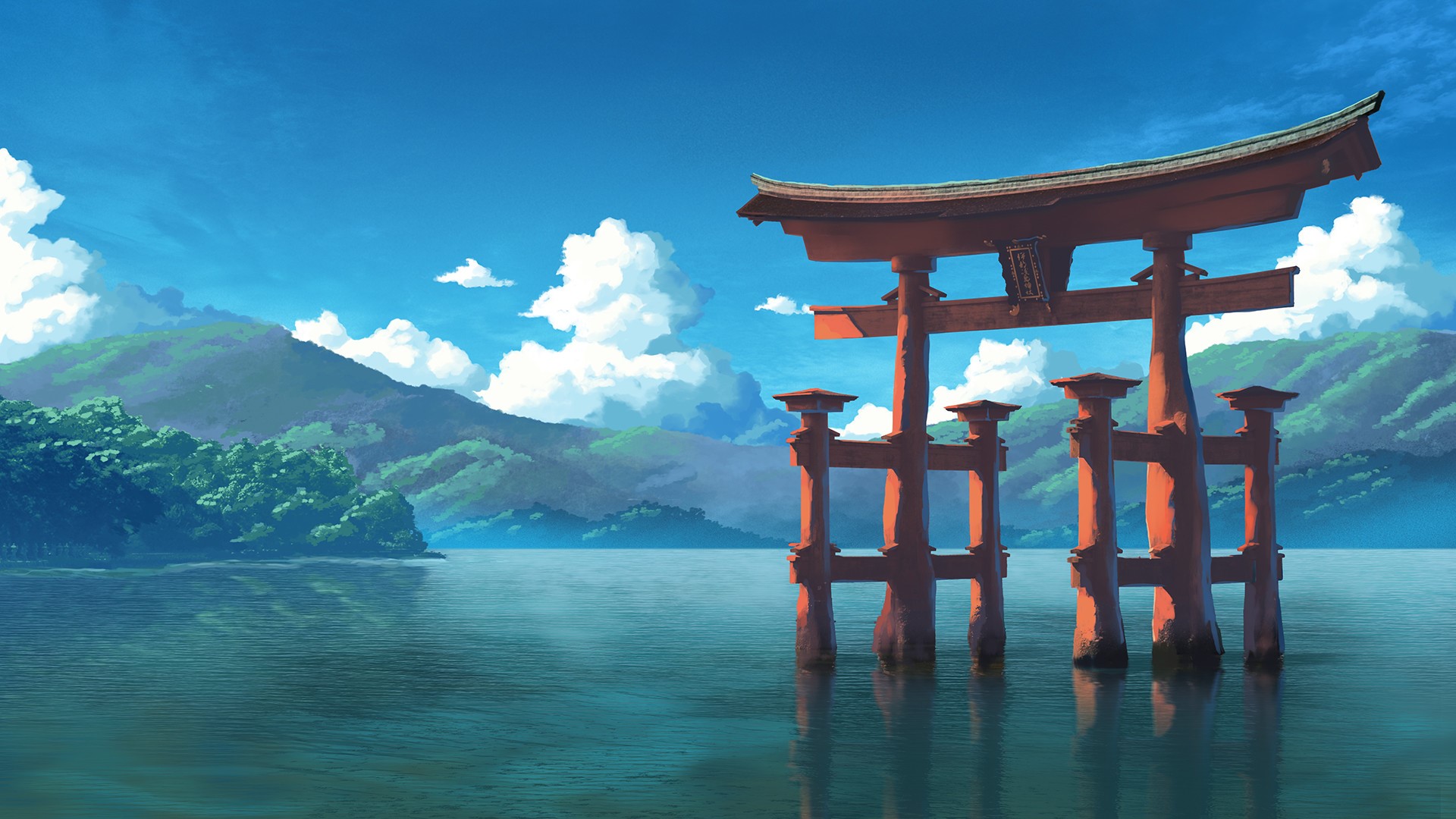 shrine, water, mountains, clouds, digital art, sky, lake, illustration, torii, HD Wallpaper
