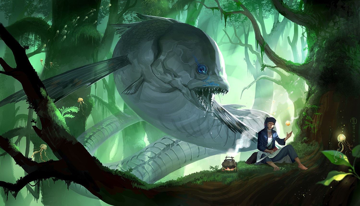 artwork, fantasy art, creature, trees, forest, HD Wallpaper