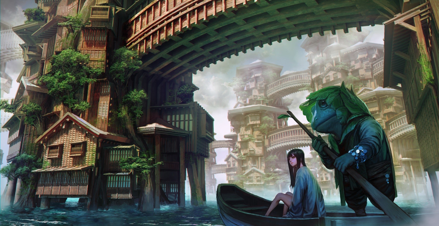 anime, anime girls, fantasy city, boat, fantasy art, artwork, fantasy girl, HD Wallpaper