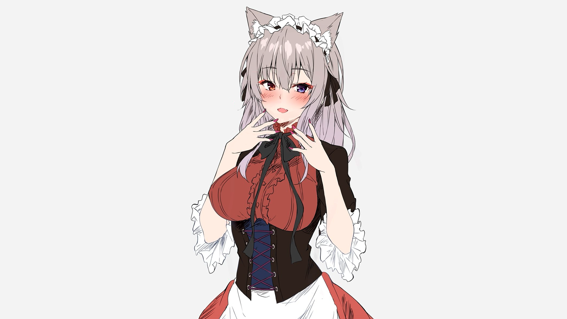 anime, manga, anime girls, simple background, minimalism, maid, nekomimi, gray hair, heterochromia, HD Wallpaper