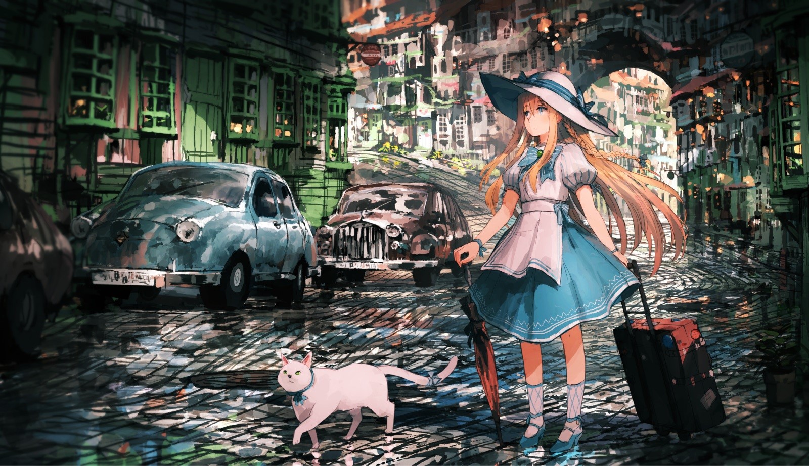 anime, anime girls, cats, car, hat, dress, suitcase, city, HD Wallpaper