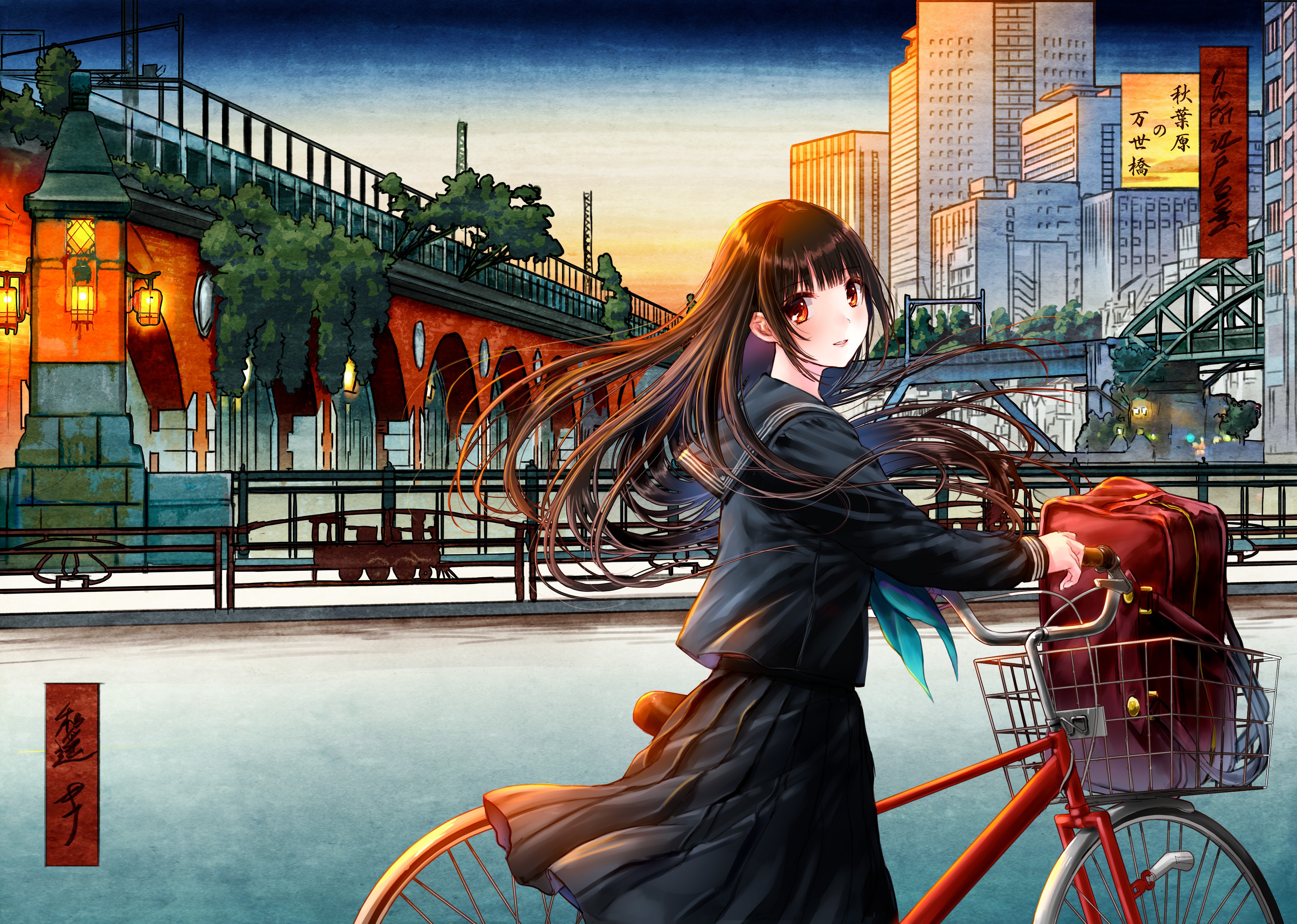anime, anime girls, city, long hair, bicycle, HD Wallpaper