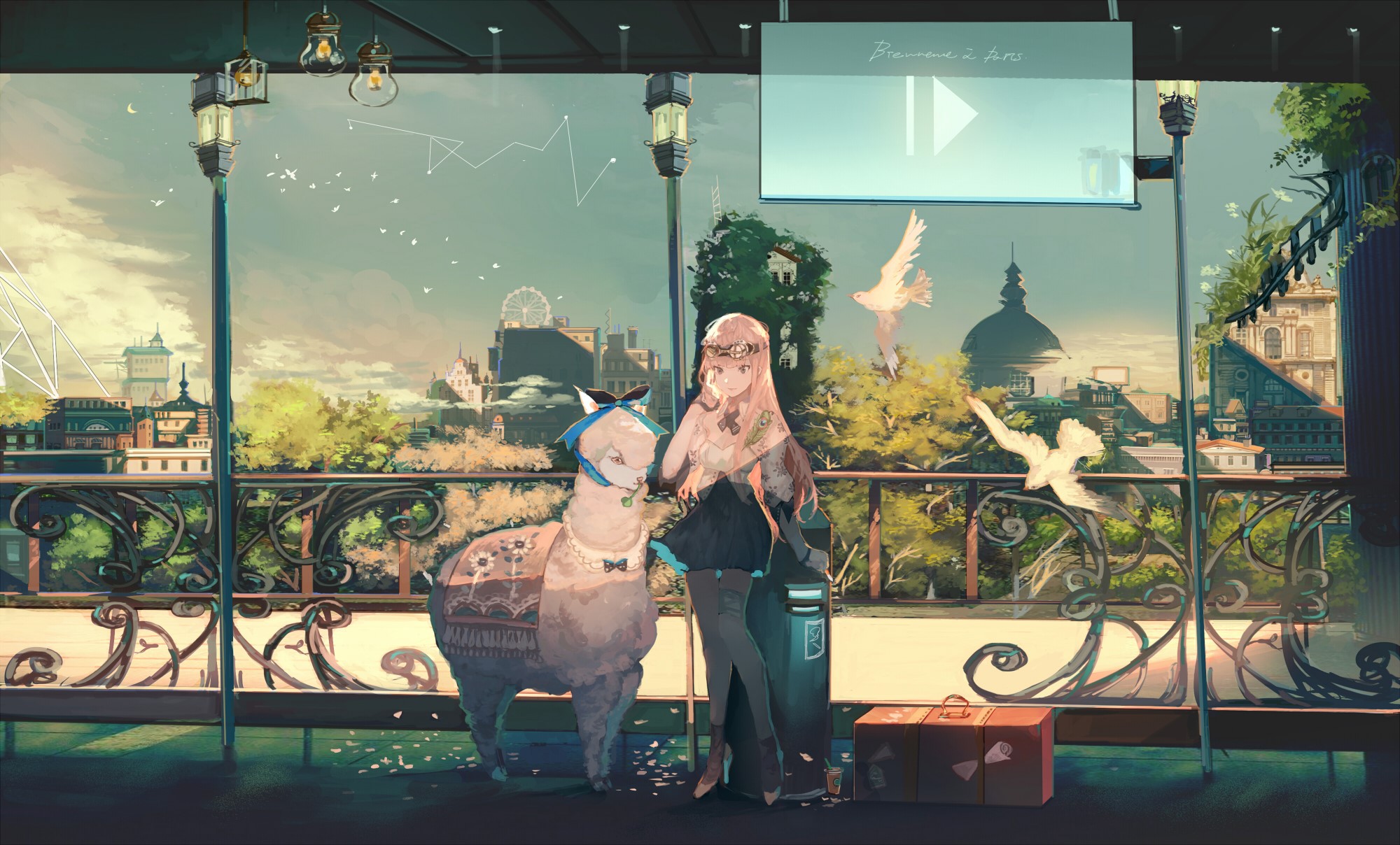 anime, anime girls, birds, blonde, animals, cityscape, HD Wallpaper