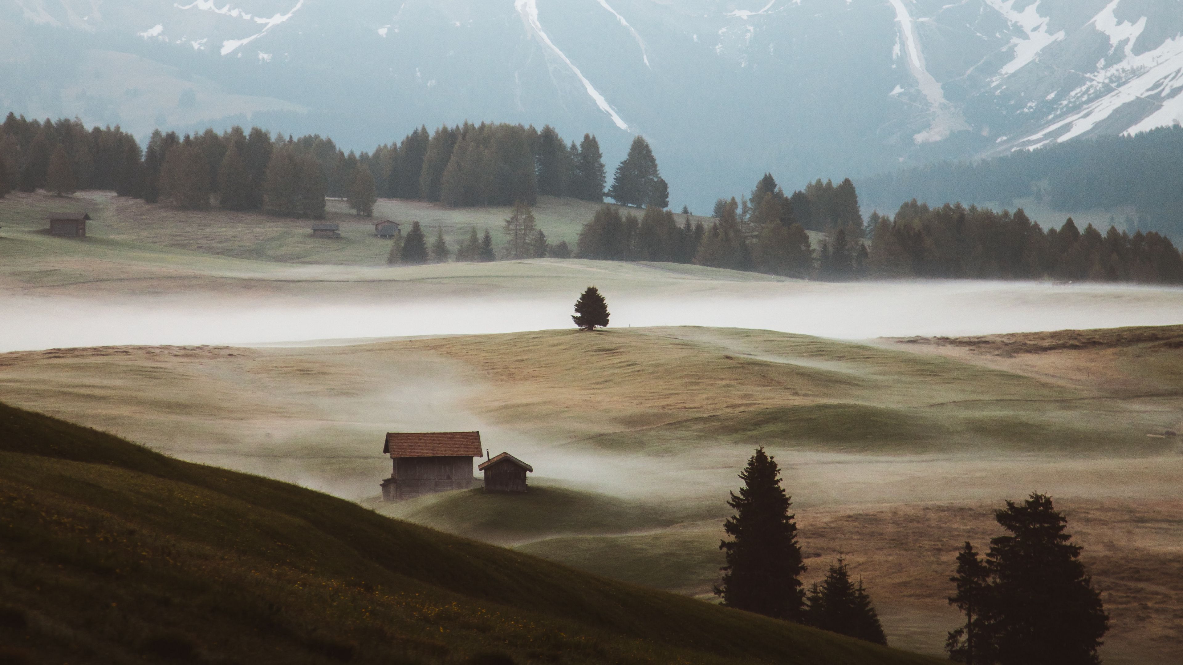 mountains, hills, fog, buildings, trees, 4k, HD Wallpaper