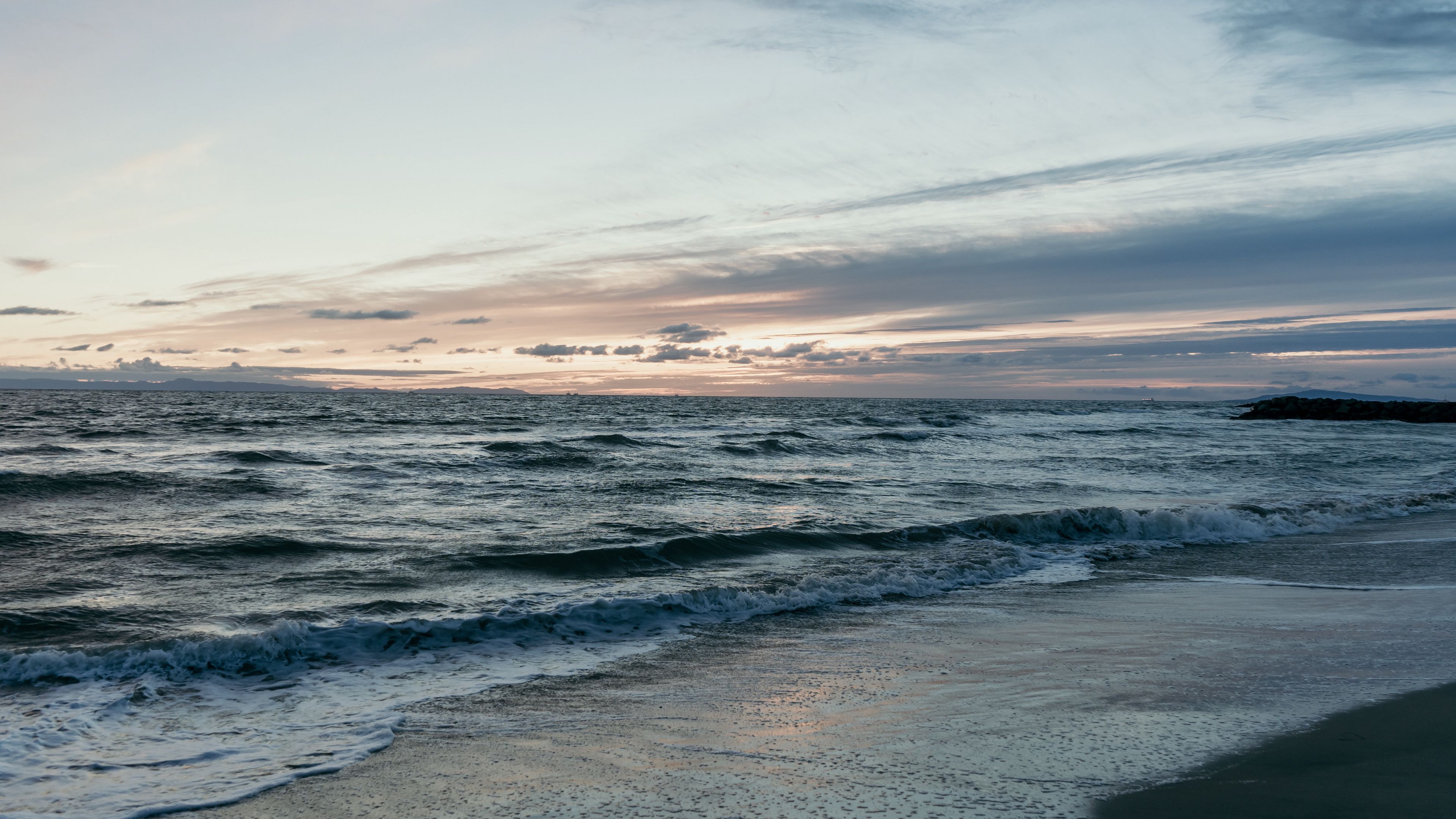beach, sea, waves, horizon, dusk, 4k, HD Wallpaper